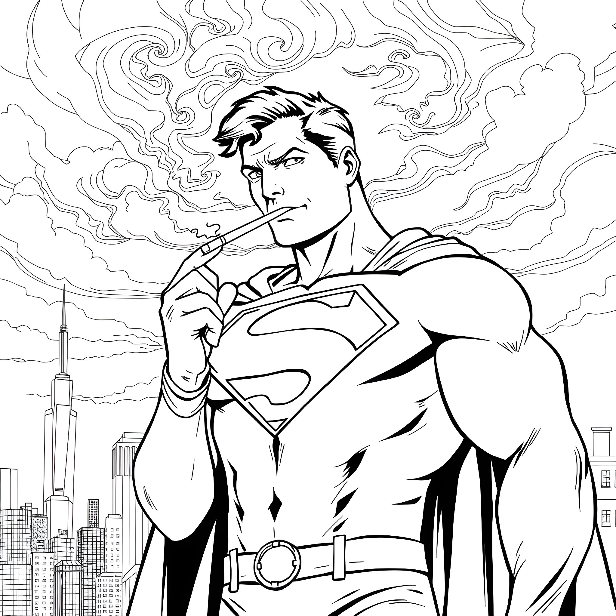 Superman in Action Pose with Cityscape Background Coloring Page (free black-and-white line drawing printable PDF for all, from beginners to advanced learners, including children, teens, adults, and seniors)