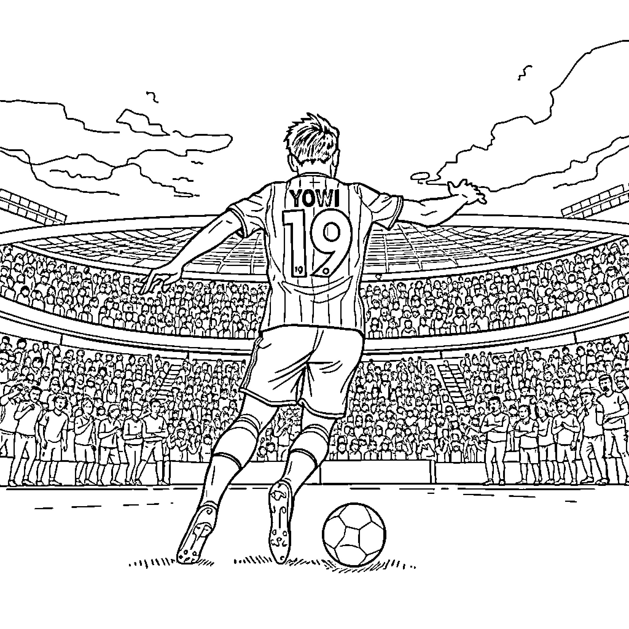 Player celebrating goal on soccer field Coloring Page (free black-and-white line drawing printable PDF for all, from beginners to advanced learners, including children, teens, adults, and seniors)