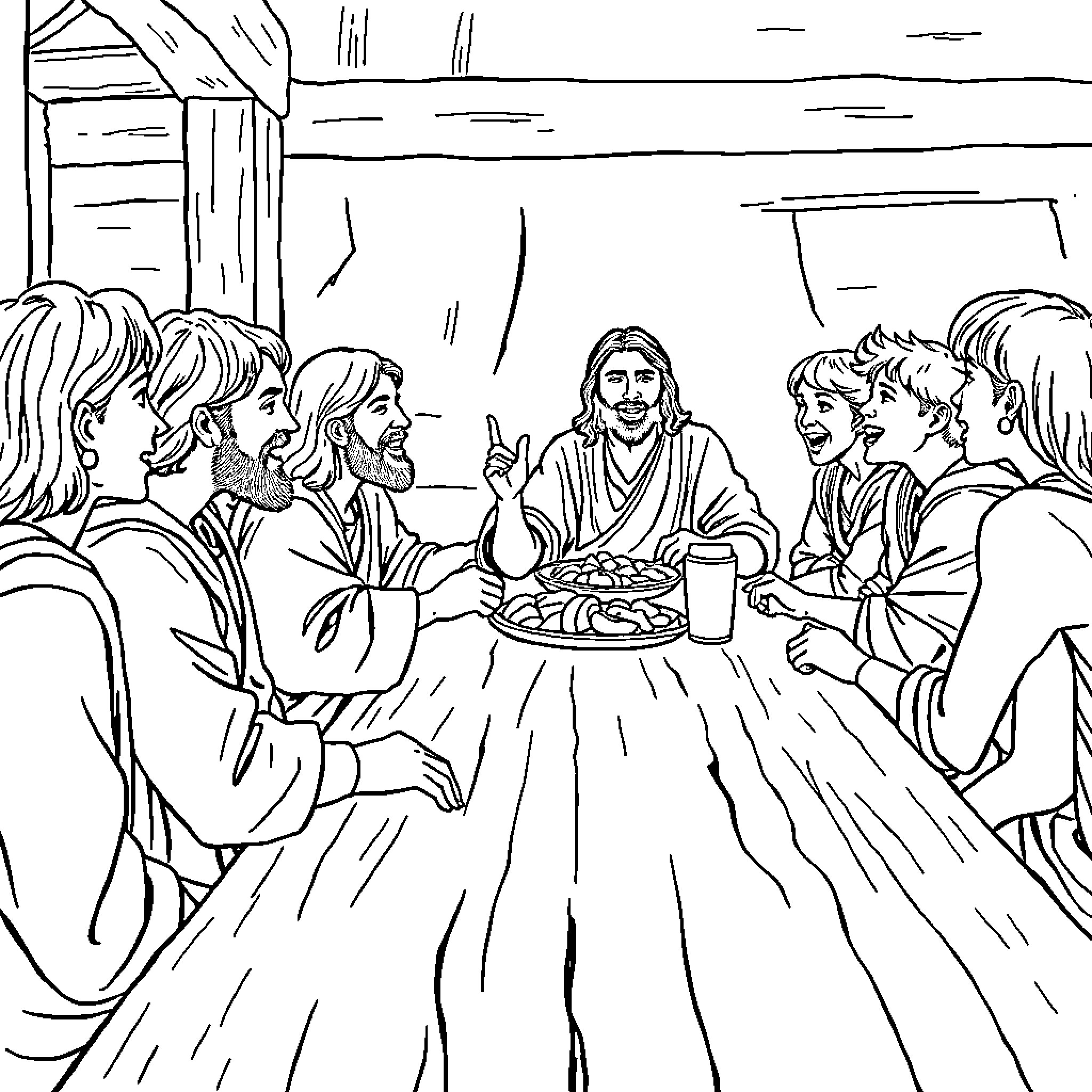 Jesus Teaching and Sharing a Meal with His Disciples Coloring Page (free black-and-white line drawing printable PDF for all, from beginners to advanced learners, including children, teens, adults, and seniors)