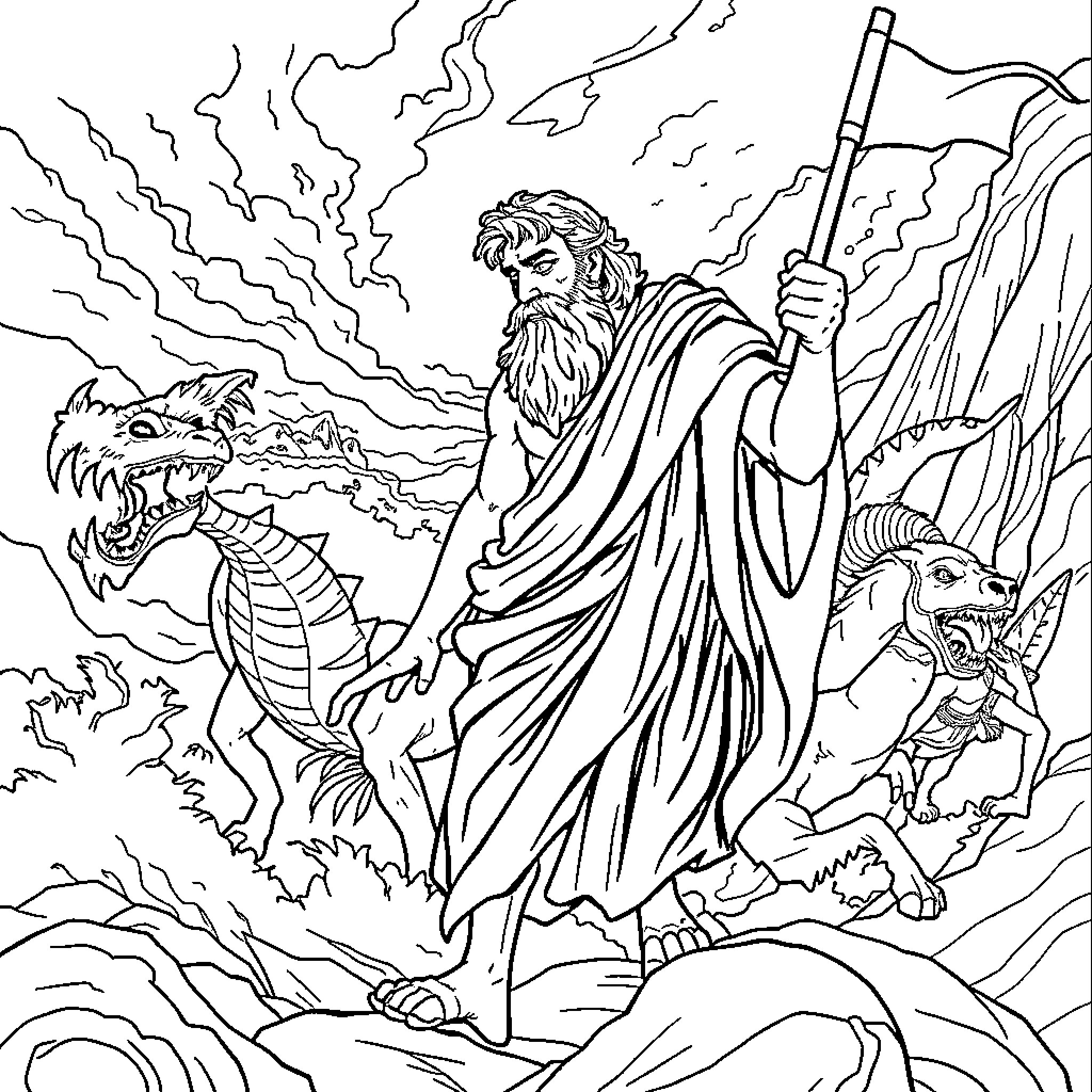 Odysseus encountering mythical beasts in a dramatic landscape Coloring Page (free black-and-white line drawing printable PDF for all, from beginners to advanced learners, including children, teens, adults, and seniors)