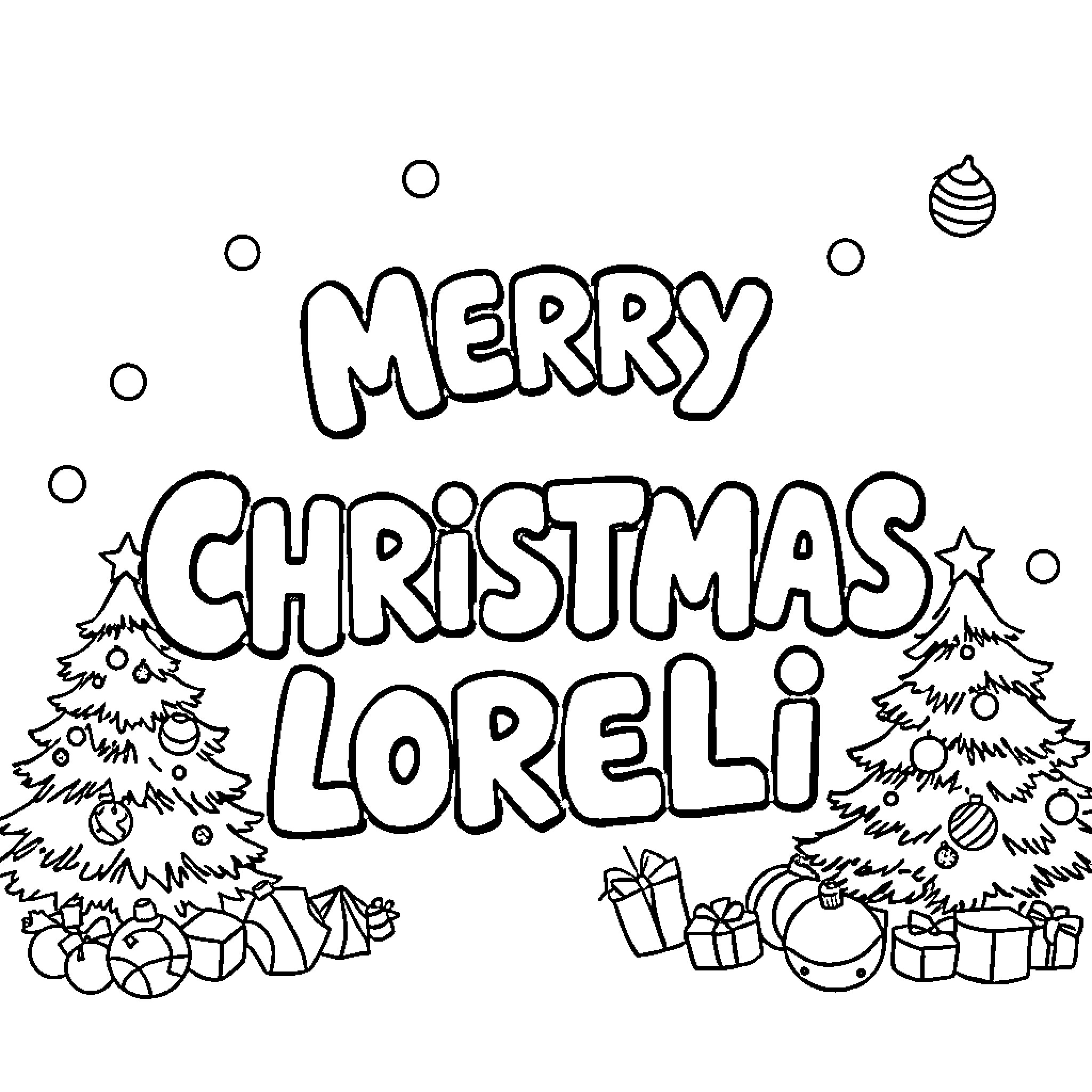 Lorelei's Merry Christmas Celebration Coloring Page (free black-and-white line drawing printable PDF for all, from beginners to advanced learners, including children, teens, adults, and seniors)