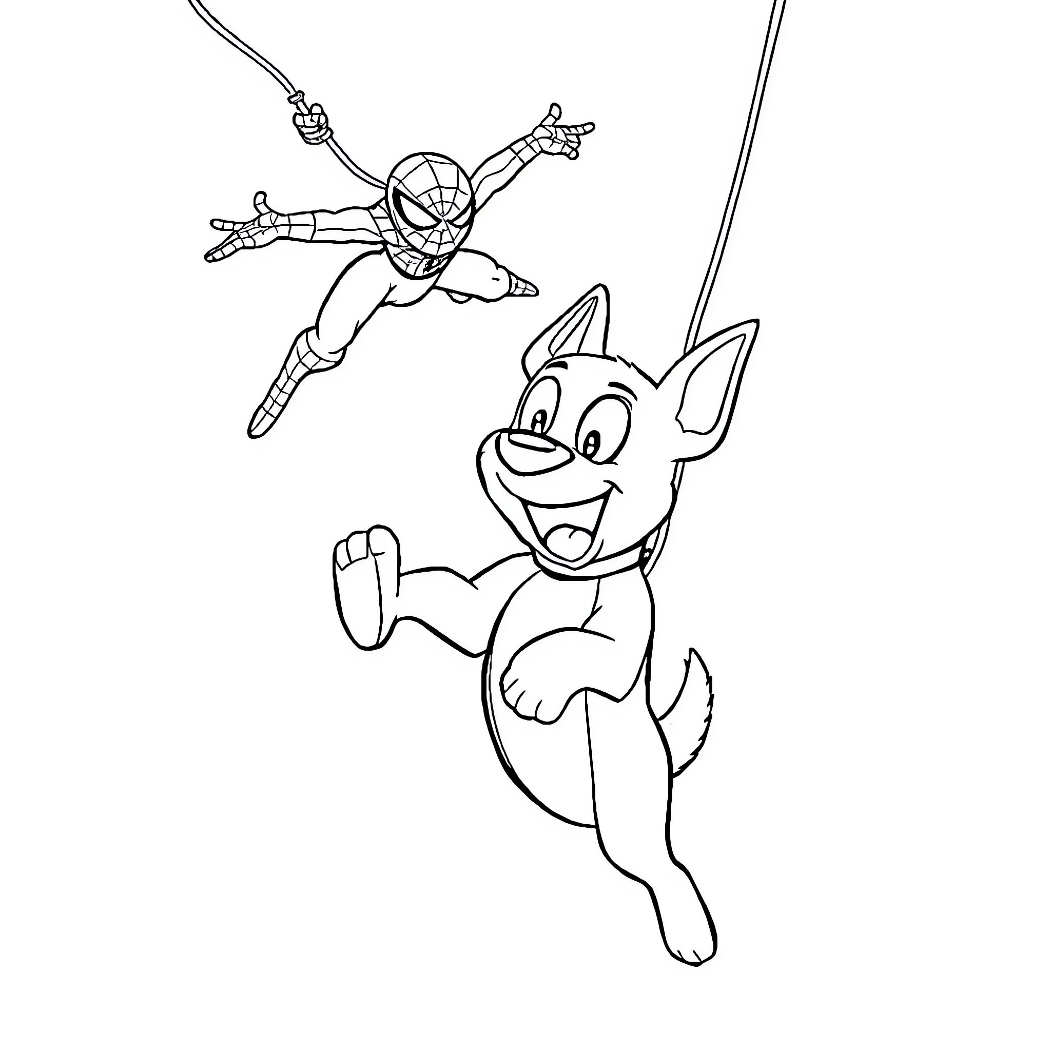 Bluey and Spider-Man playing joyfully Coloring Page (free black-and-white line drawing printable PDF for all, from beginners to advanced learners, including children, teens, adults, and seniors)