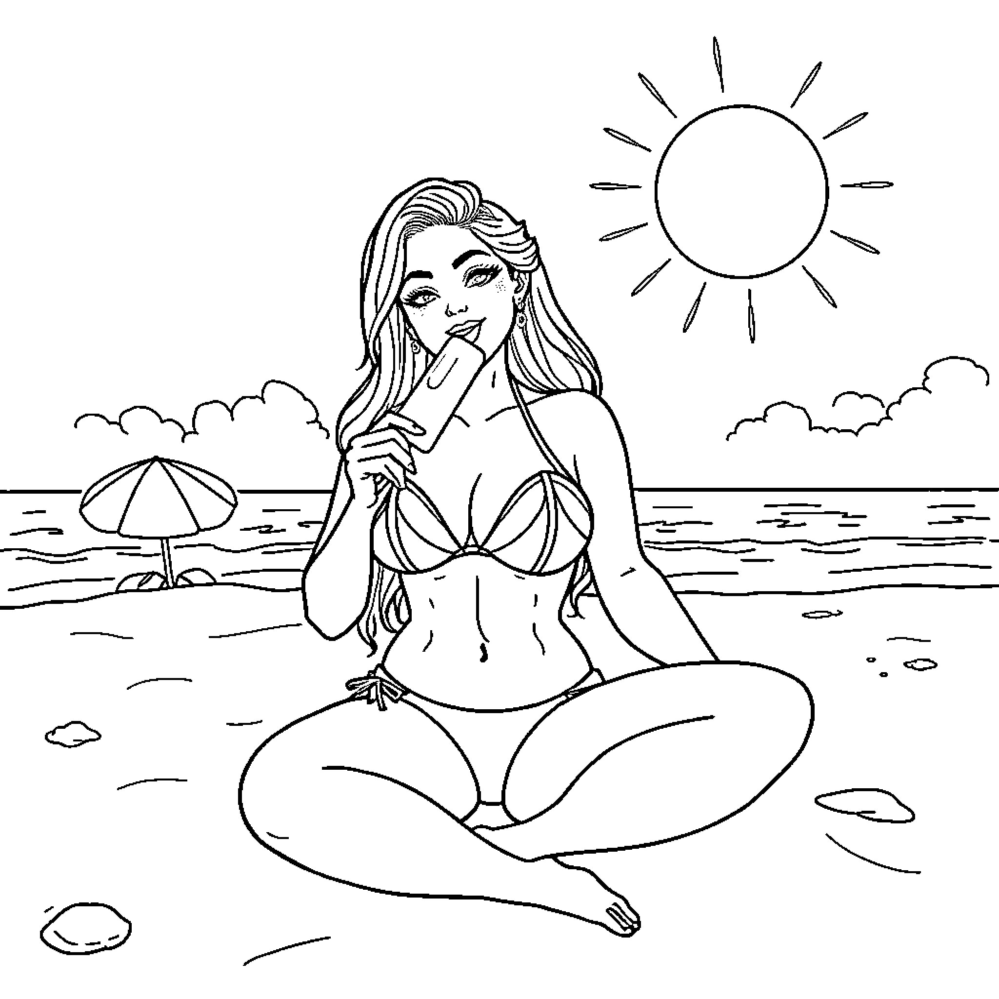 Girl enjoying a sunny day at the beach Coloring Page (free black-and-white line drawing printable PDF for all, from beginners to advanced learners, including children, teens, adults, and seniors)