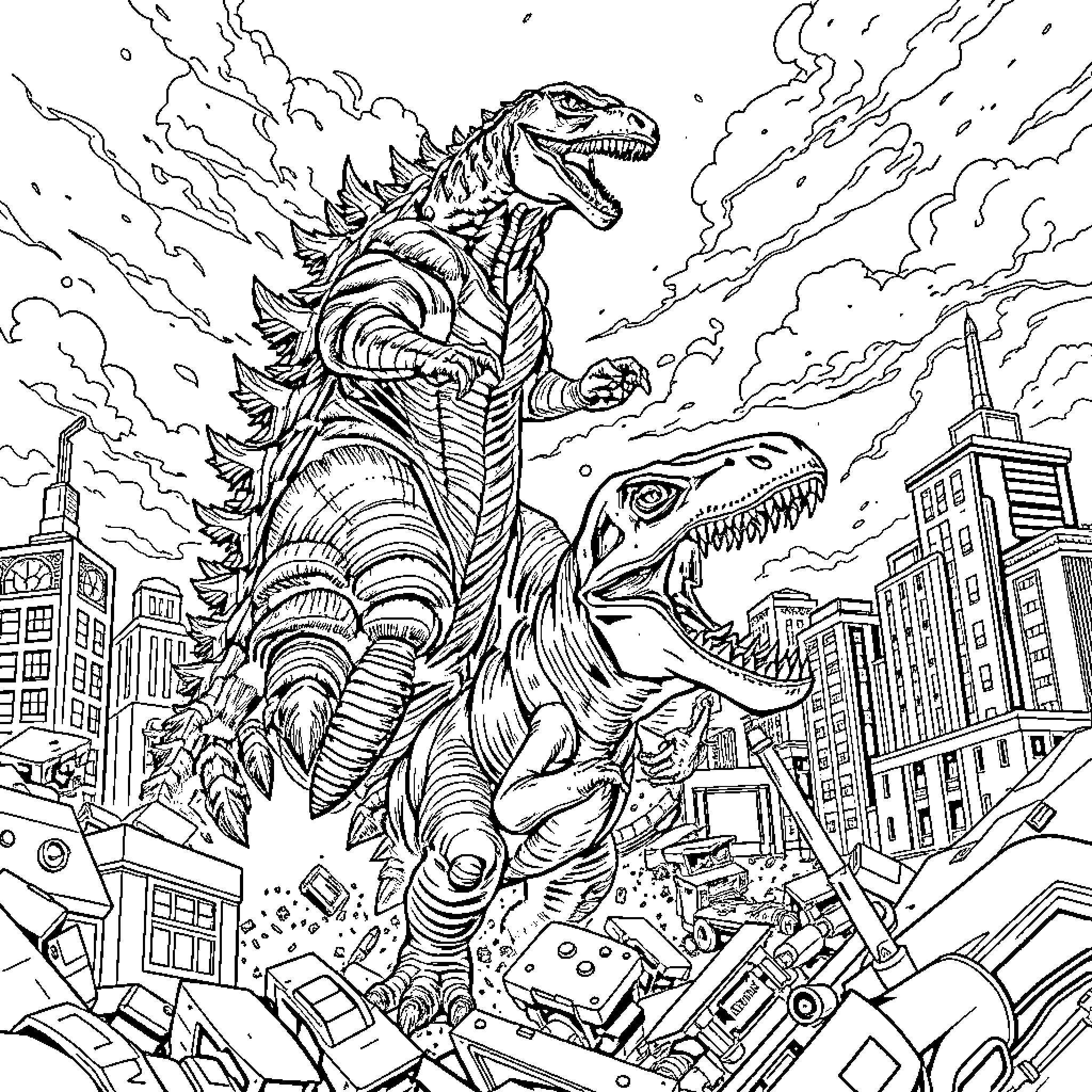 Godzilla Rampaging Through the City Coloring Page (free black-and-white line drawing printable PDF for all, from beginners to advanced learners, including children, teens, adults, and seniors)