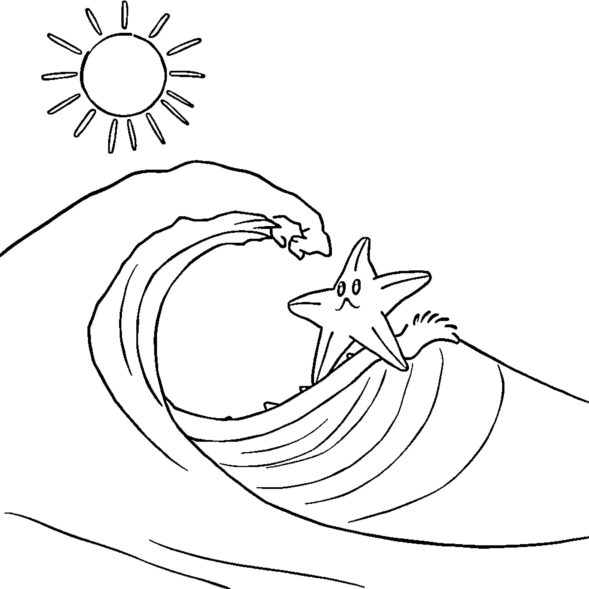 Starfish surfing the ocean wave Coloring Page (free black-and-white line drawing printable PDF for all, from beginners to advanced learners, including children, teens, adults, and seniors)