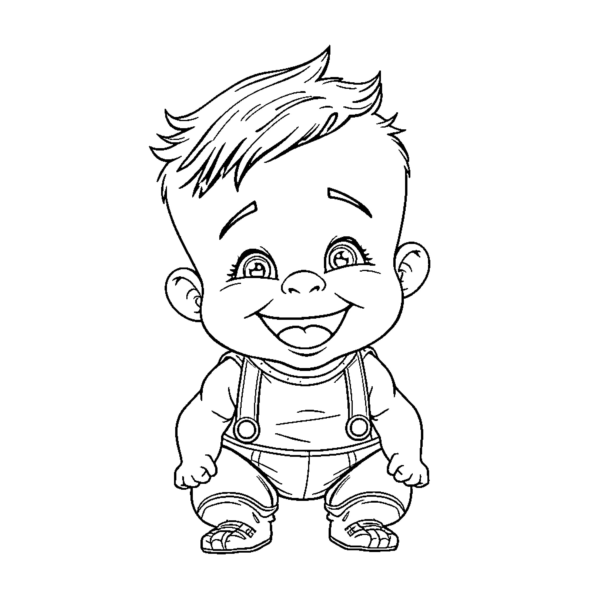 Hulk Smiling Cartoon Boy in Overalls Coloring Page (free black-and-white line drawing printable PDF for all, from beginners to advanced learners, including children, teens, adults, and seniors)