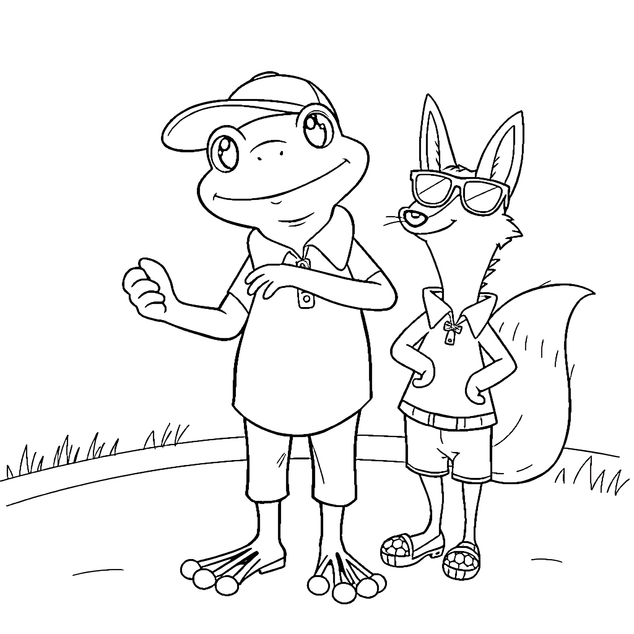 Frog and fox in adventure gear Coloring Page (free black-and-white line drawing printable PDF for all, from beginners to advanced learners, including children, teens, adults, and seniors)