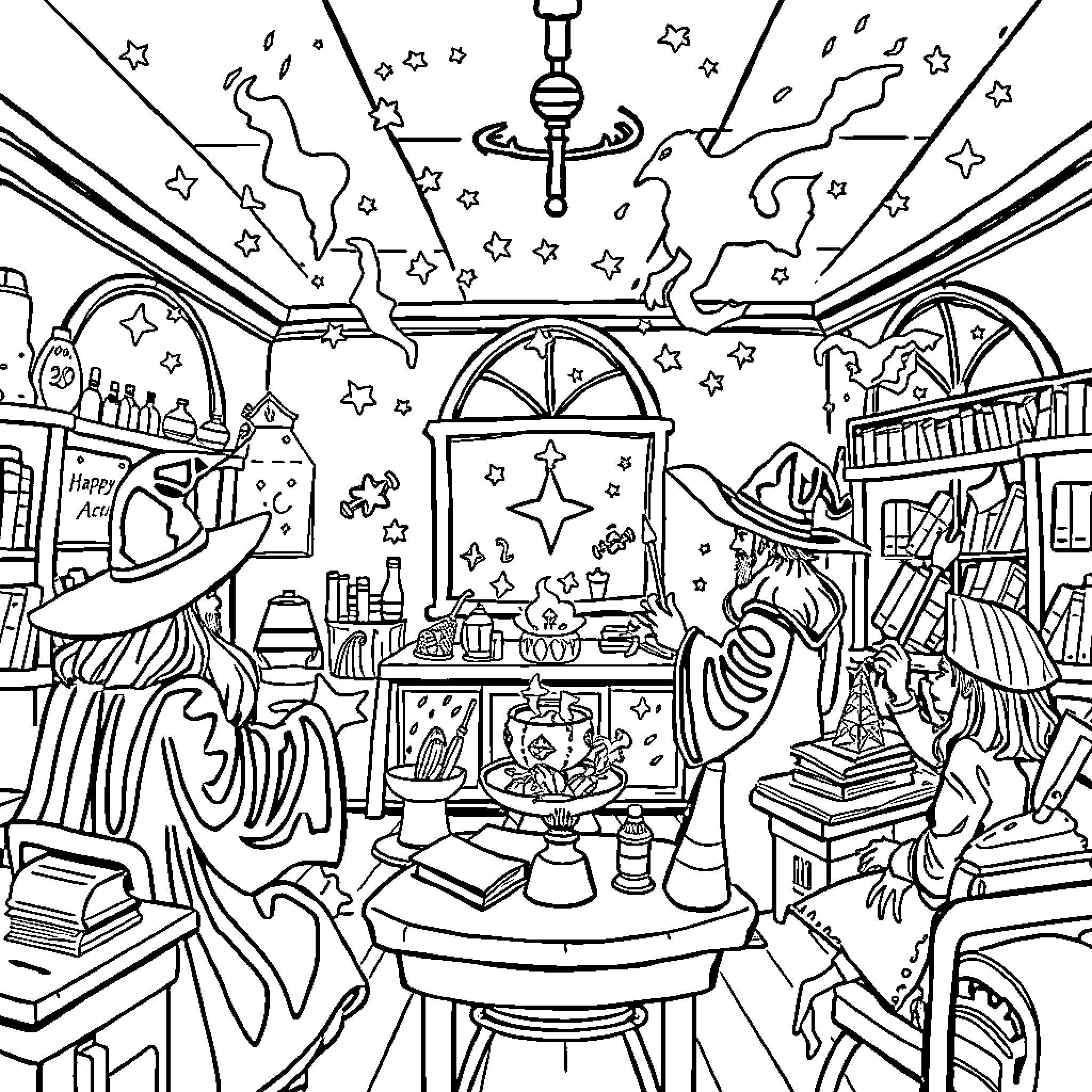Wizard's Whimsical Workshop with Magical Artifacts Coloring Page (free black-and-white line drawing printable PDF for all, from beginners to advanced learners, including children, teens, adults, and seniors)