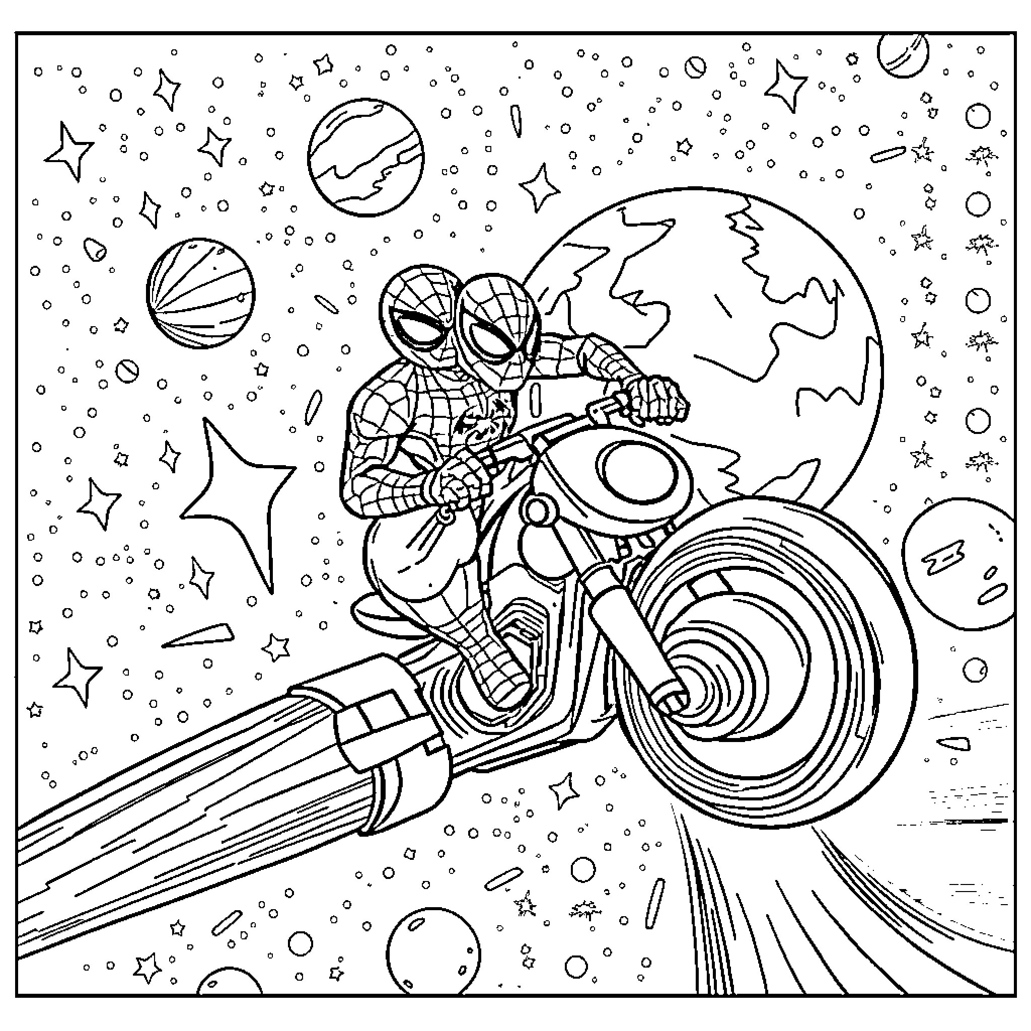 Spidey soaring through cosmic space Coloring Page (free black-and-white line drawing printable PDF for all, from beginners to advanced learners, including children, teens, adults, and seniors)