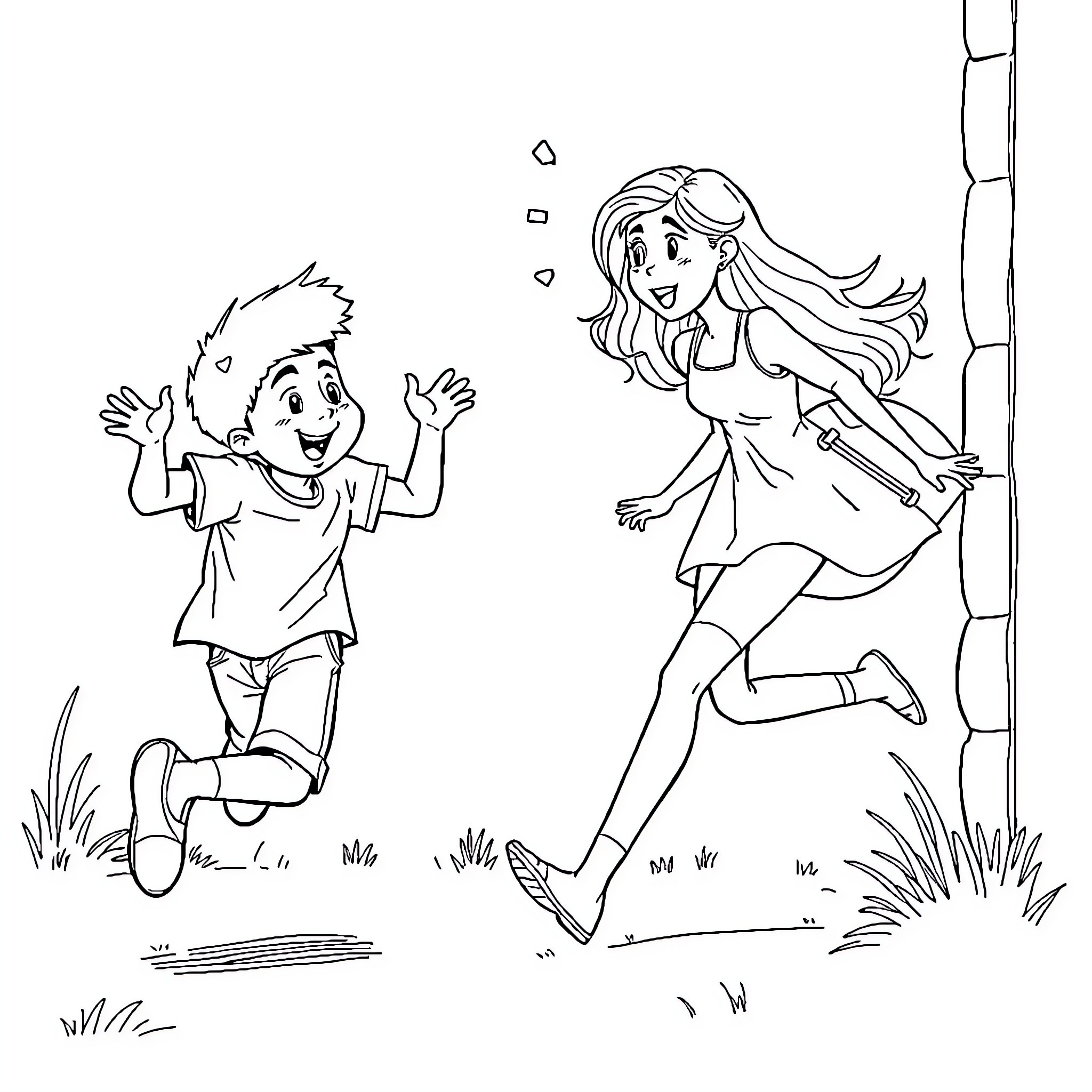 Boy and girl playing cheerfully in the outdoors Coloring Page (free black-and-white line drawing printable PDF for all, from beginners to advanced learners, including children, teens, adults, and seniors)