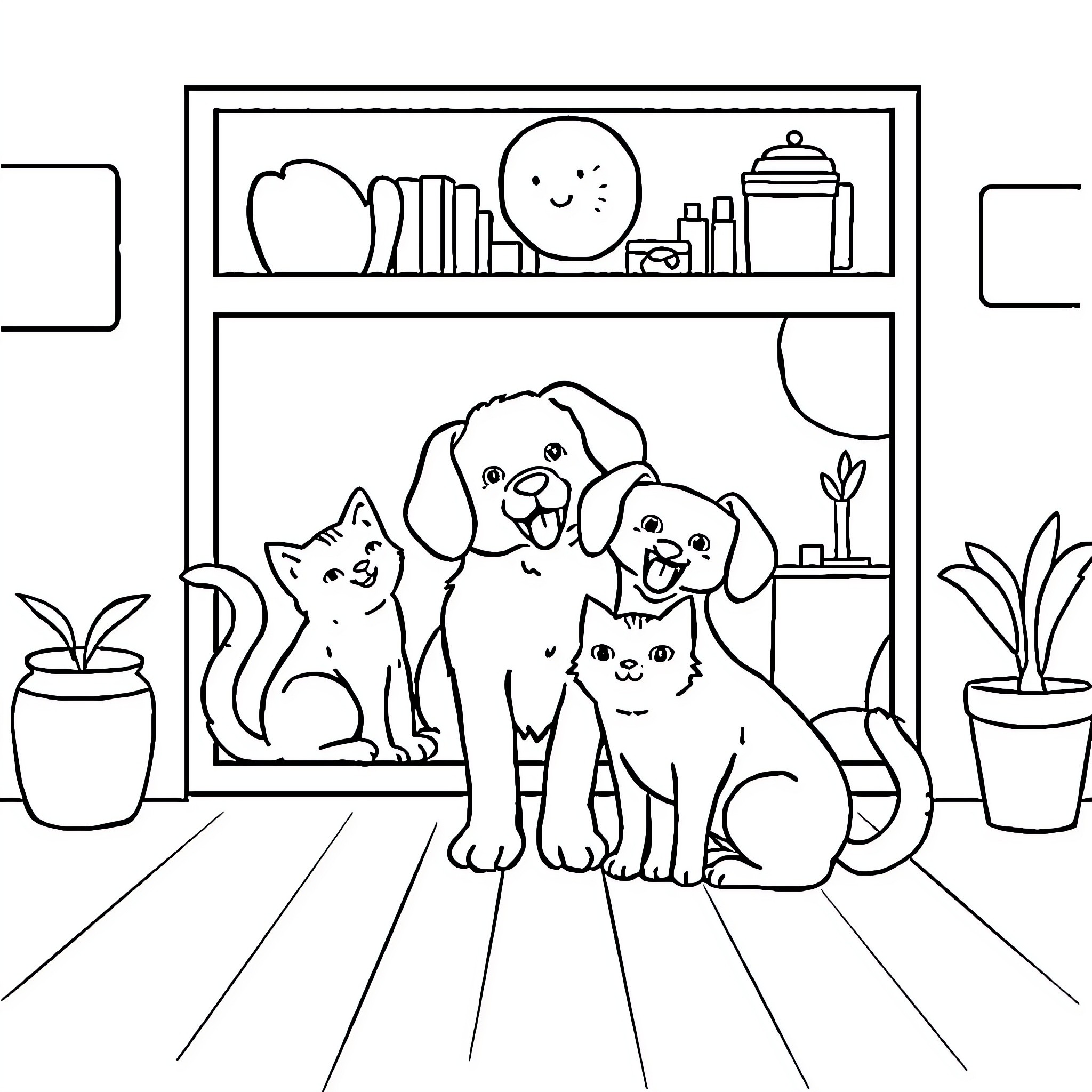 Pet companions enjoying cozy home Coloring Page (free black-and-white line drawing printable PDF for all, from beginners to advanced learners, including children, teens, adults, and seniors)