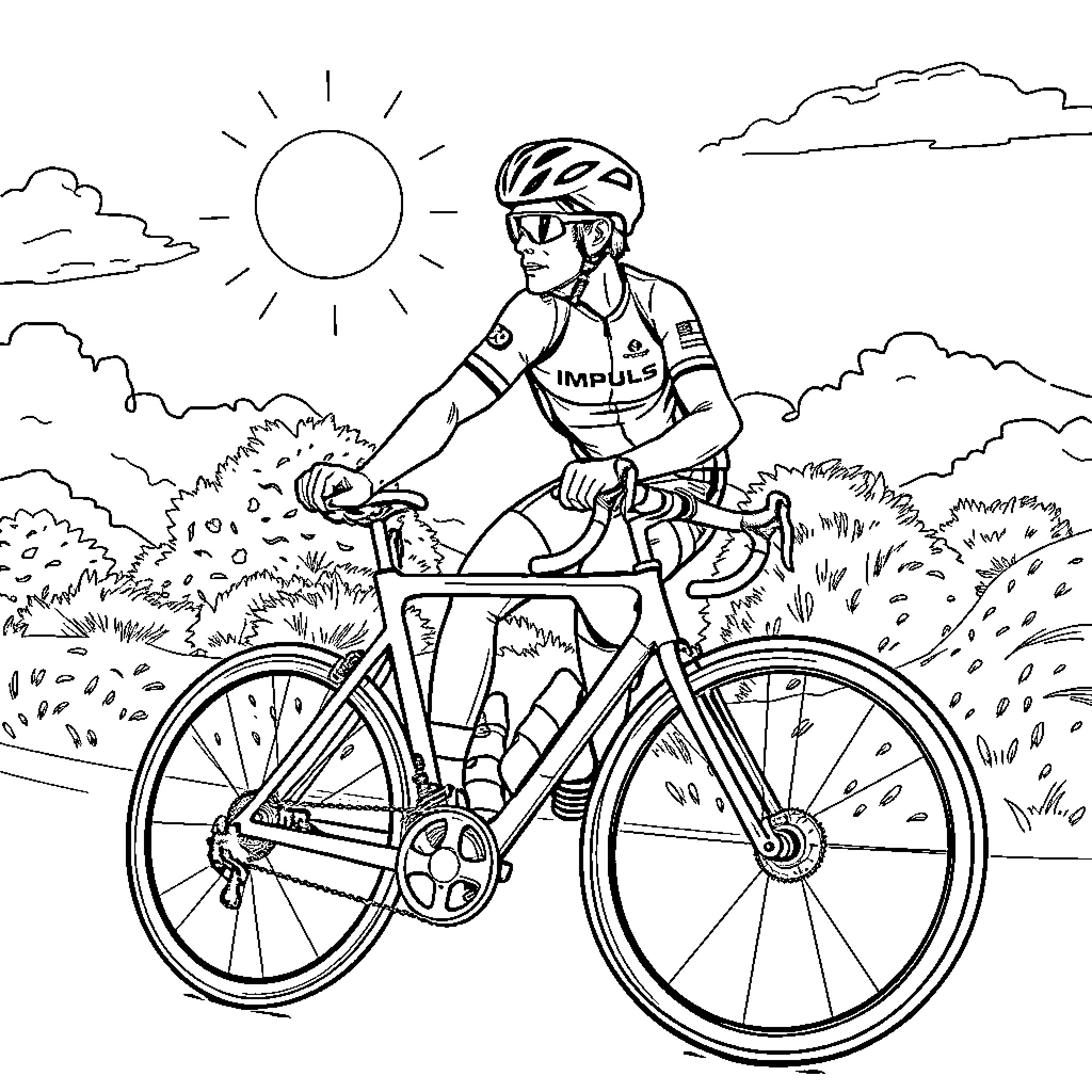 Martin riding his bicycle on a sunny day Coloring Page (free black-and-white line drawing printable PDF for all, from beginners to advanced learners, including children, teens, adults, and seniors)