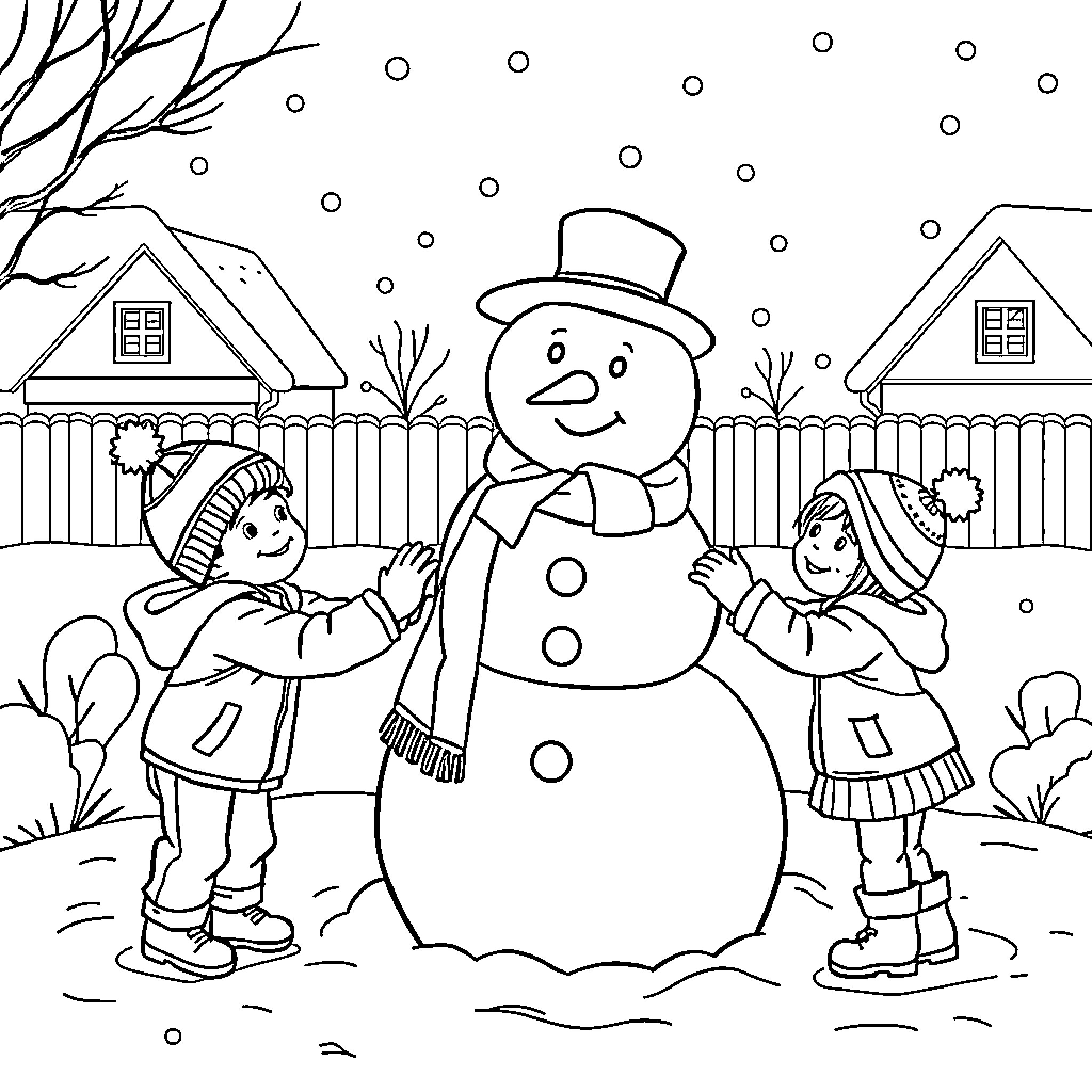 Snowman being built by children in the winter Coloring Page (free black-and-white line drawing printable PDF for all, from beginners to advanced learners, including children, teens, adults, and seniors)