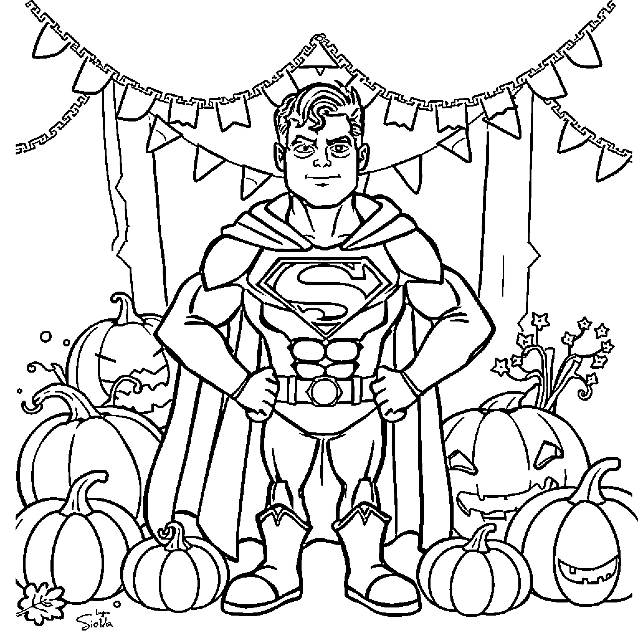 Superman in festive Halloween celebration Coloring Page (free black-and-white line drawing printable PDF for all, from beginners to advanced learners, including children, teens, adults, and seniors)