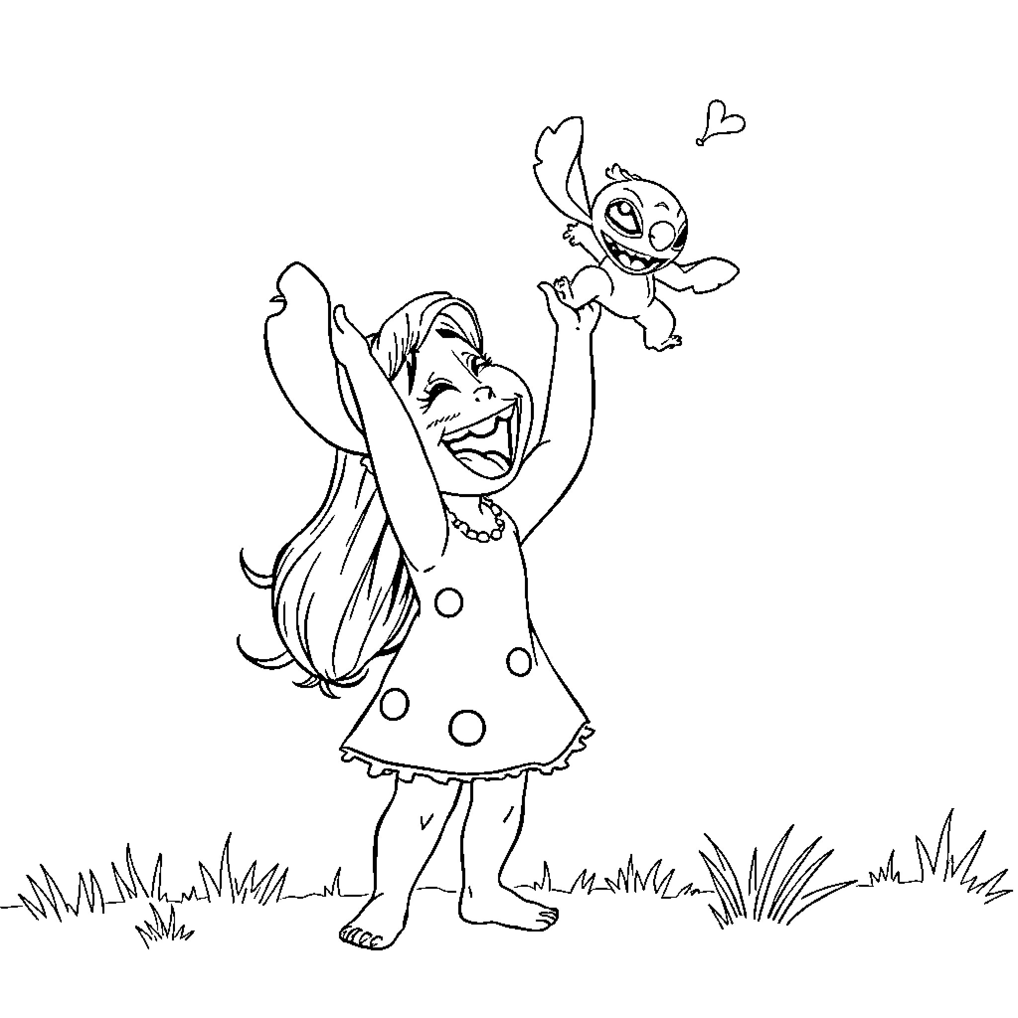 Lilo playing joyfully with Stitch in the meadow Coloring Page (free black-and-white line drawing printable PDF for all, from beginners to advanced learners, including children, teens, adults, and seniors)
