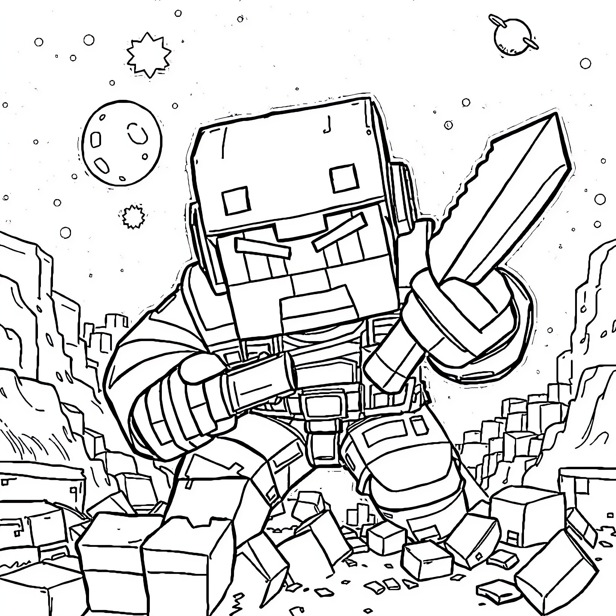 Space Questing Robotic Adventure Coloring Page (free black-and-white line drawing printable PDF for all, from beginners to advanced learners, including children, teens, adults, and seniors)