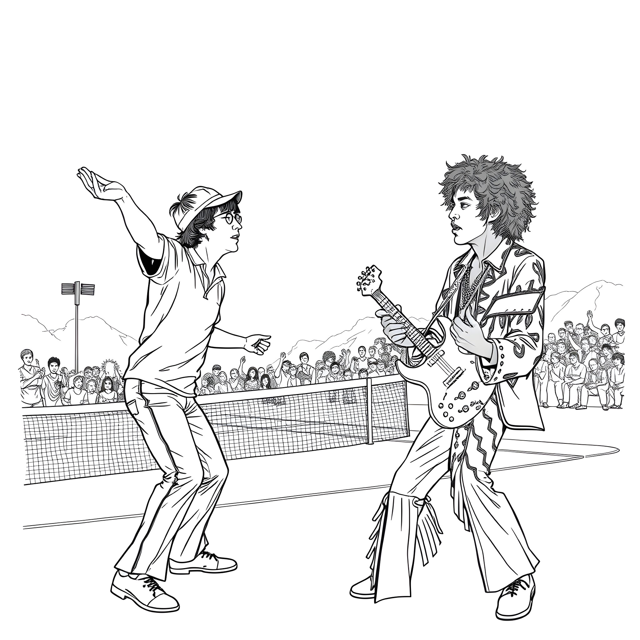 John Lennon and Mick Jagger playing tennis in front of a crowd Coloring Page (free black-and-white line drawing printable PDF for all, from beginners to advanced learners, including children, teens, adults, and seniors)