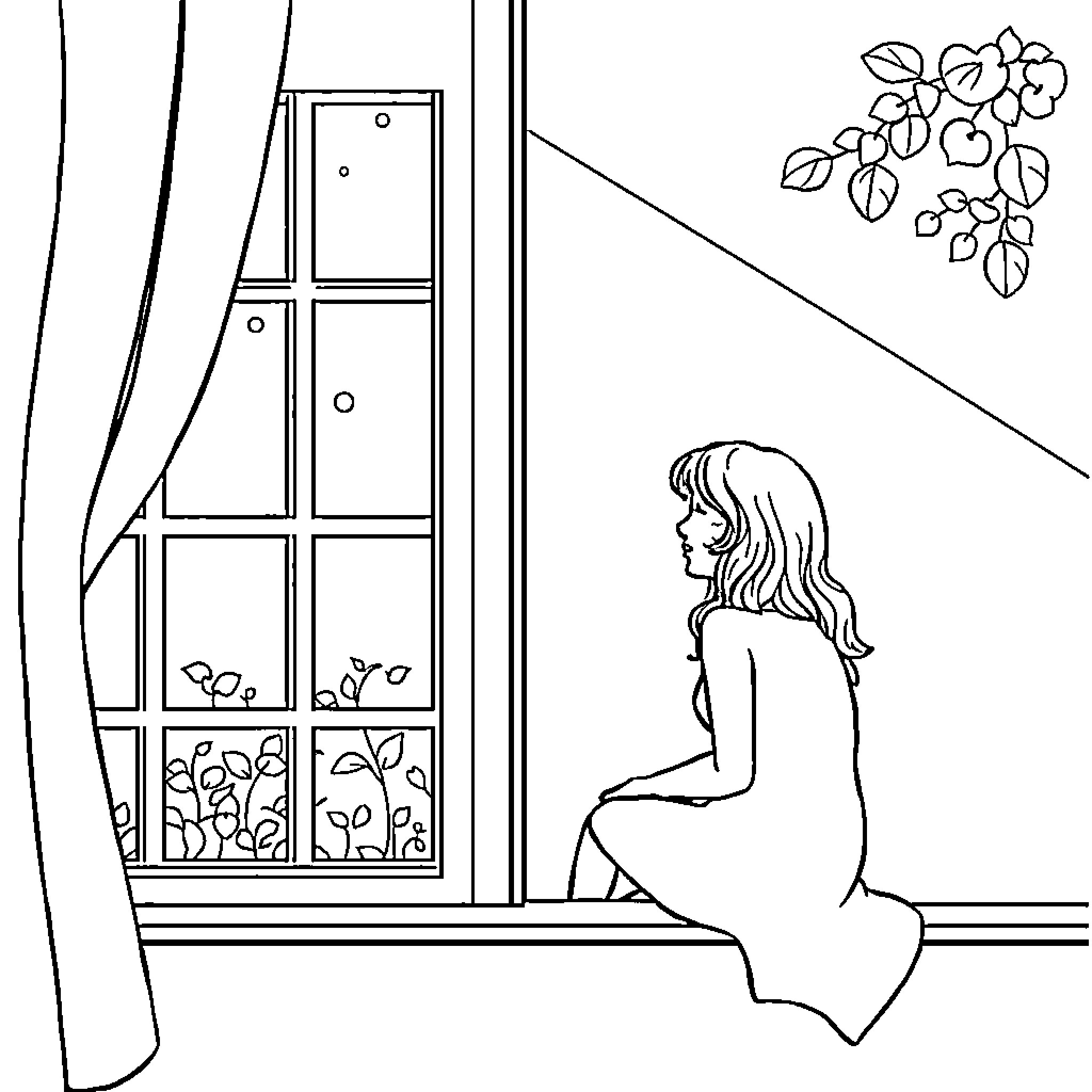 Ada gazing out the window at nature Coloring Page (free black-and-white line drawing printable PDF for all, from beginners to advanced learners, including children, teens, adults, and seniors)