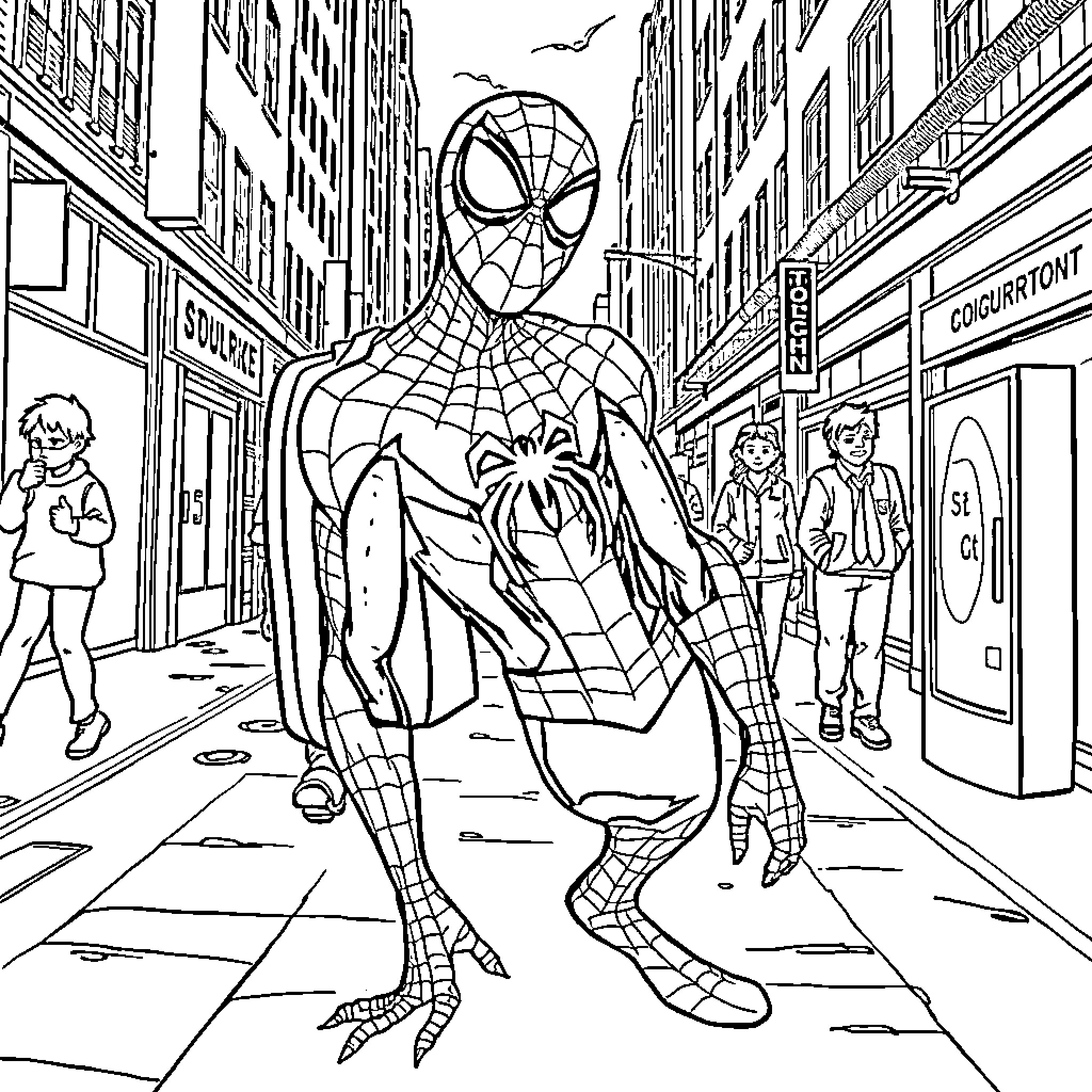 Spiderman swinging through the city streets Coloring Page (free black-and-white line drawing printable PDF for all, from beginners to advanced learners, including children, teens, adults, and seniors)