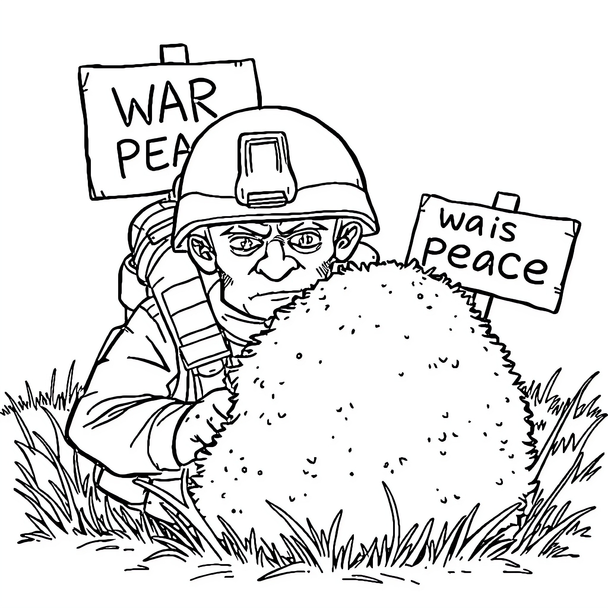Soldier protesting for war and peace Coloring Page (free black-and-white line drawing printable PDF for all, from beginners to advanced learners, including children, teens, adults, and seniors)