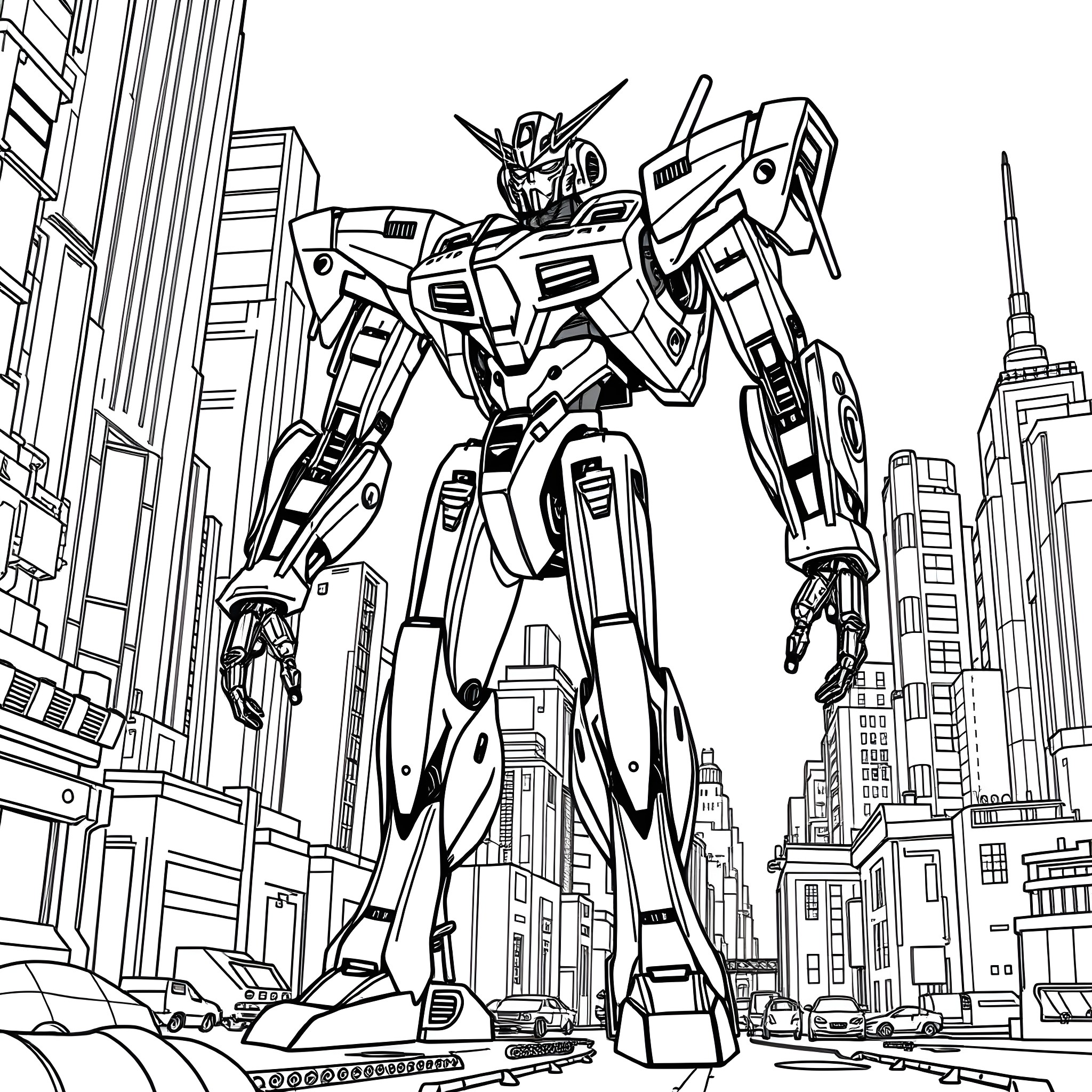 Evangelion mecha in futuristic city Coloring Page (free black-and-white line drawing printable PDF for all, from beginners to advanced learners, including children, teens, adults, and seniors)
