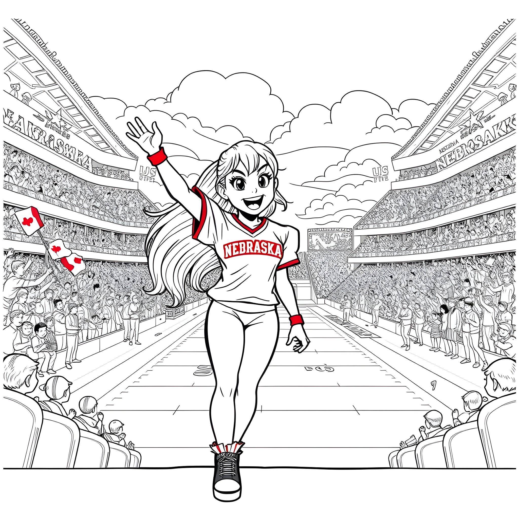 Bluey cheering in the stadium with excitement Coloring Page (free black-and-white line drawing printable PDF for all, from beginners to advanced learners, including children, teens, adults, and seniors)
