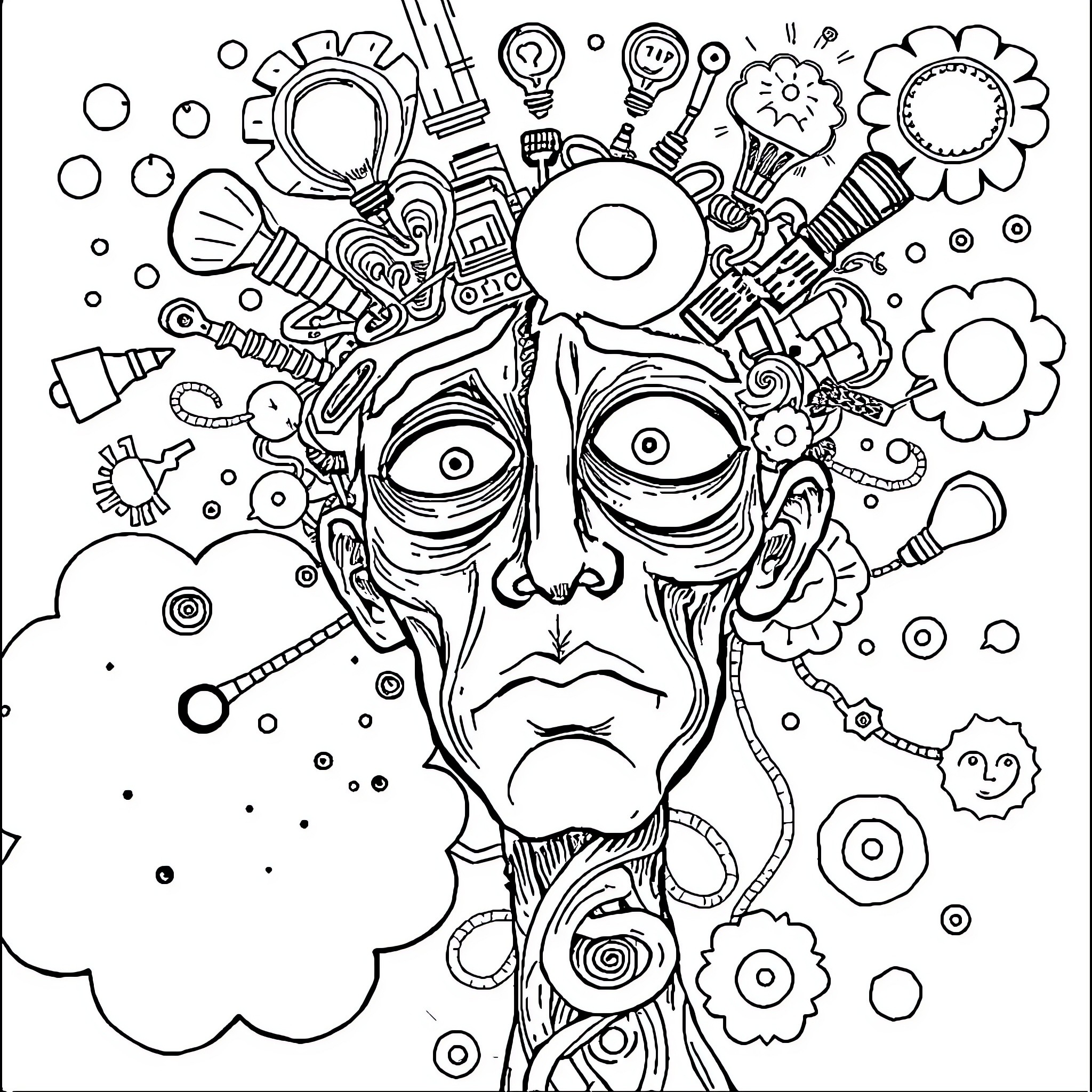 Brainrot: Surreal Expressions and Whimsical Imagery Coloring Page (free black-and-white line drawing printable PDF for all, from beginners to advanced learners, including children, teens, adults, and seniors)