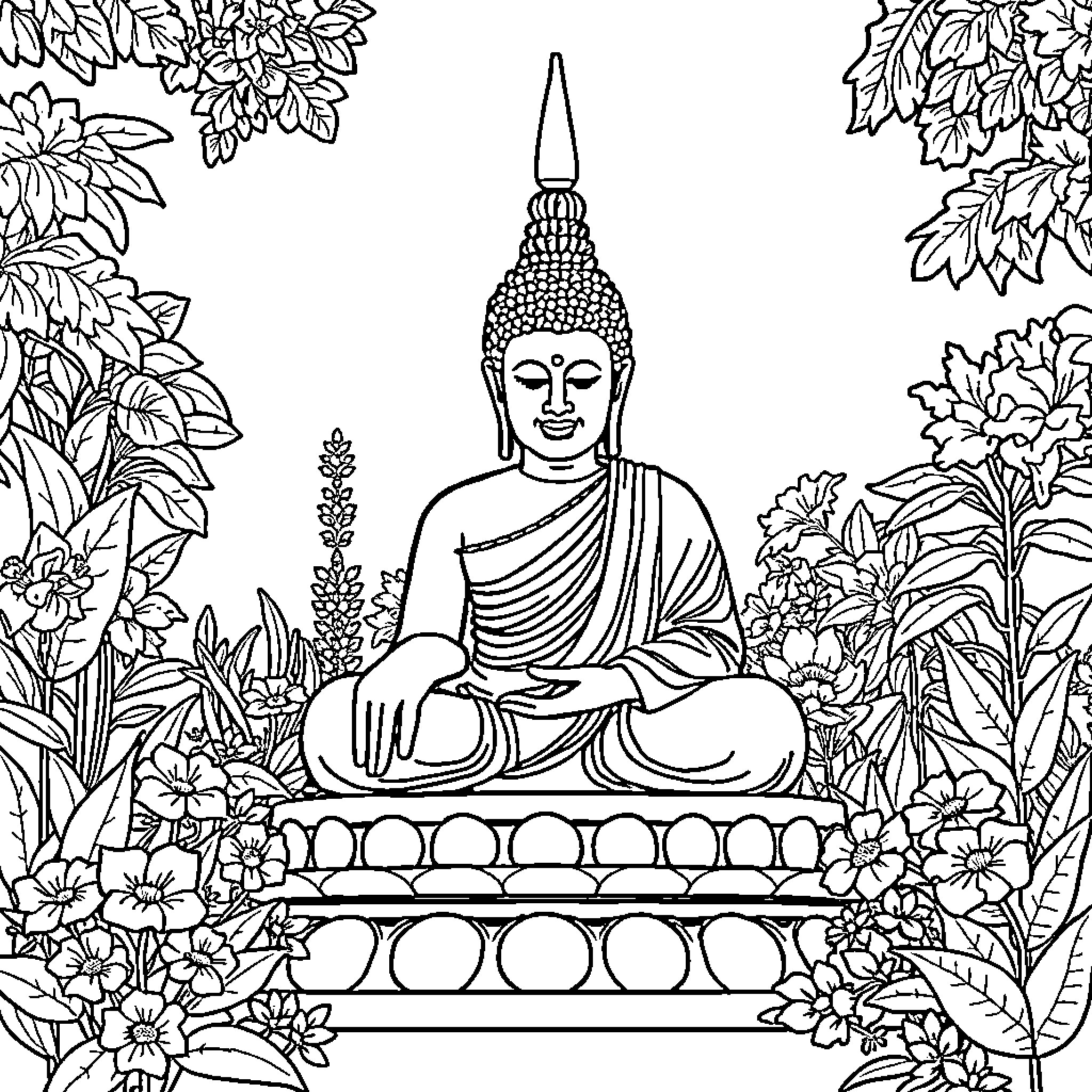 Buddha sitting peacefully in a floral garden Coloring Page (free black-and-white line drawing printable PDF for all, from beginners to advanced learners, including children, teens, adults, and seniors)