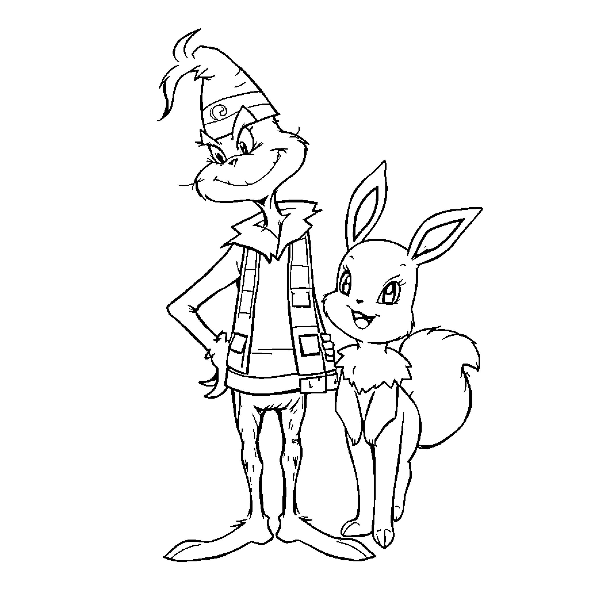 Grinch and rabbit in whimsical outfits Coloring Page (free black-and-white line drawing printable PDF for all, from beginners to advanced learners, including children, teens, adults, and seniors)