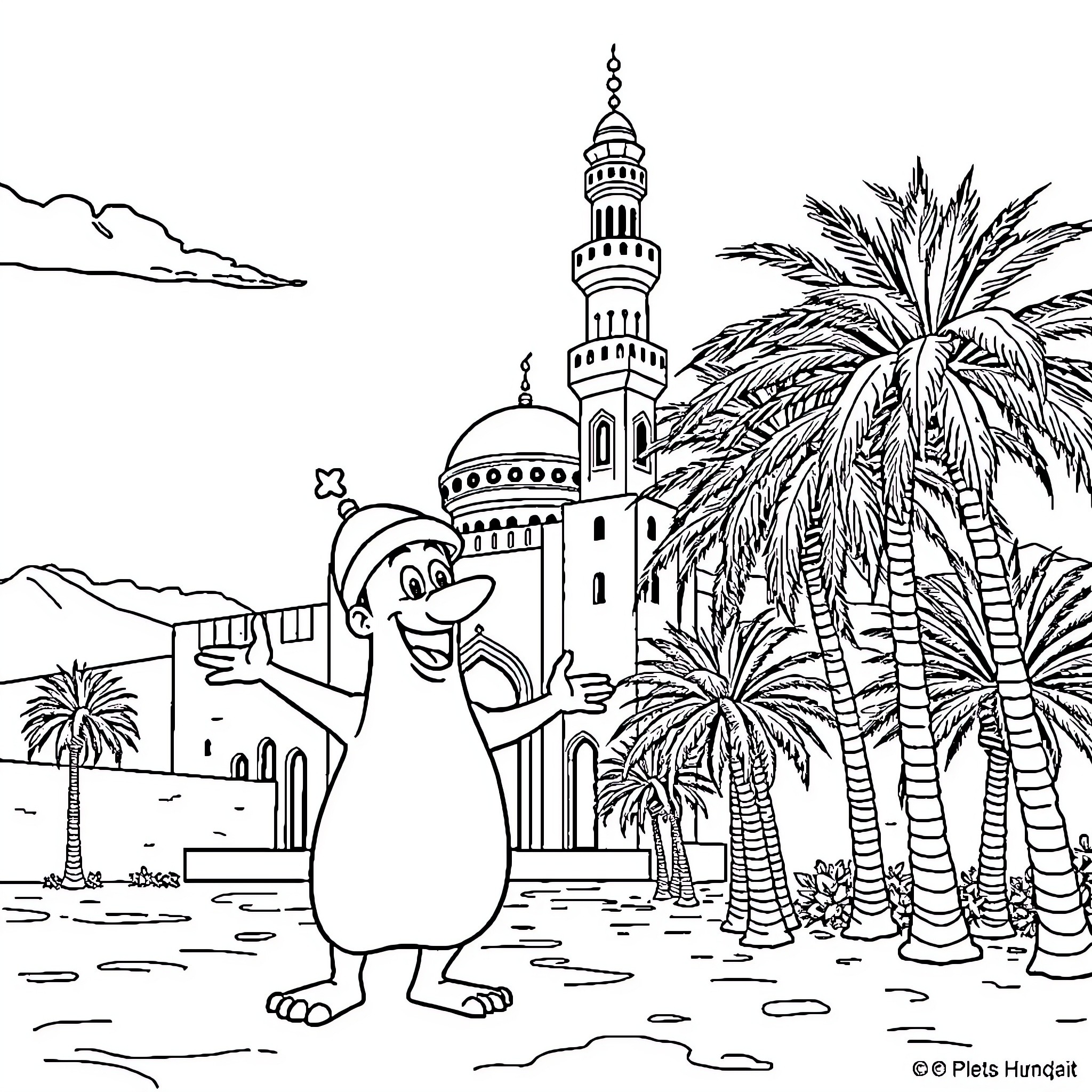 Spongebob explores a Middle Eastern city landscape Coloring Page (free black-and-white line drawing printable PDF for all, from beginners to advanced learners, including children, teens, adults, and seniors)