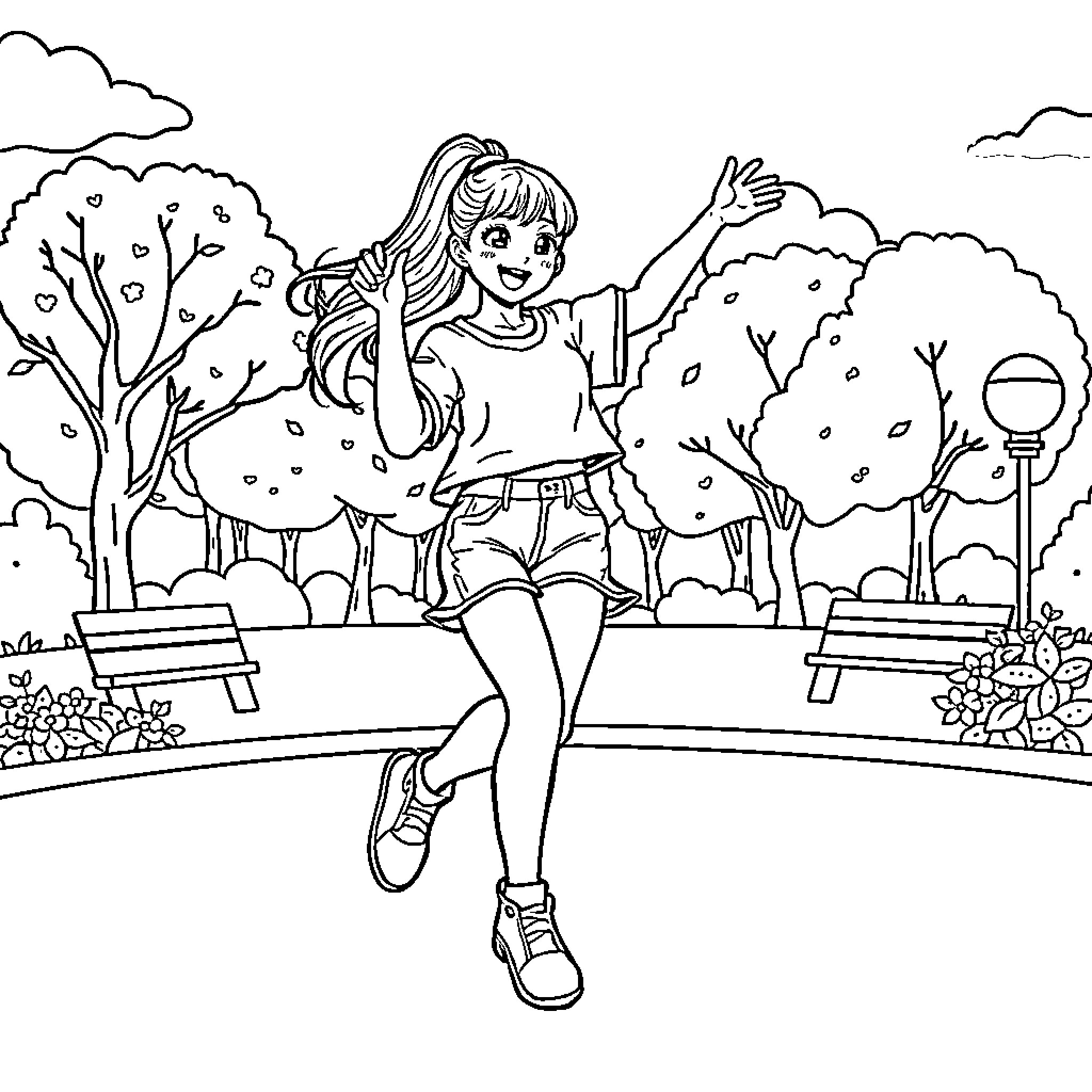 Rumie's Cheerful Stroll Through the Park Coloring Page (free black-and-white line drawing printable PDF for all, from beginners to advanced learners, including children, teens, adults, and seniors)