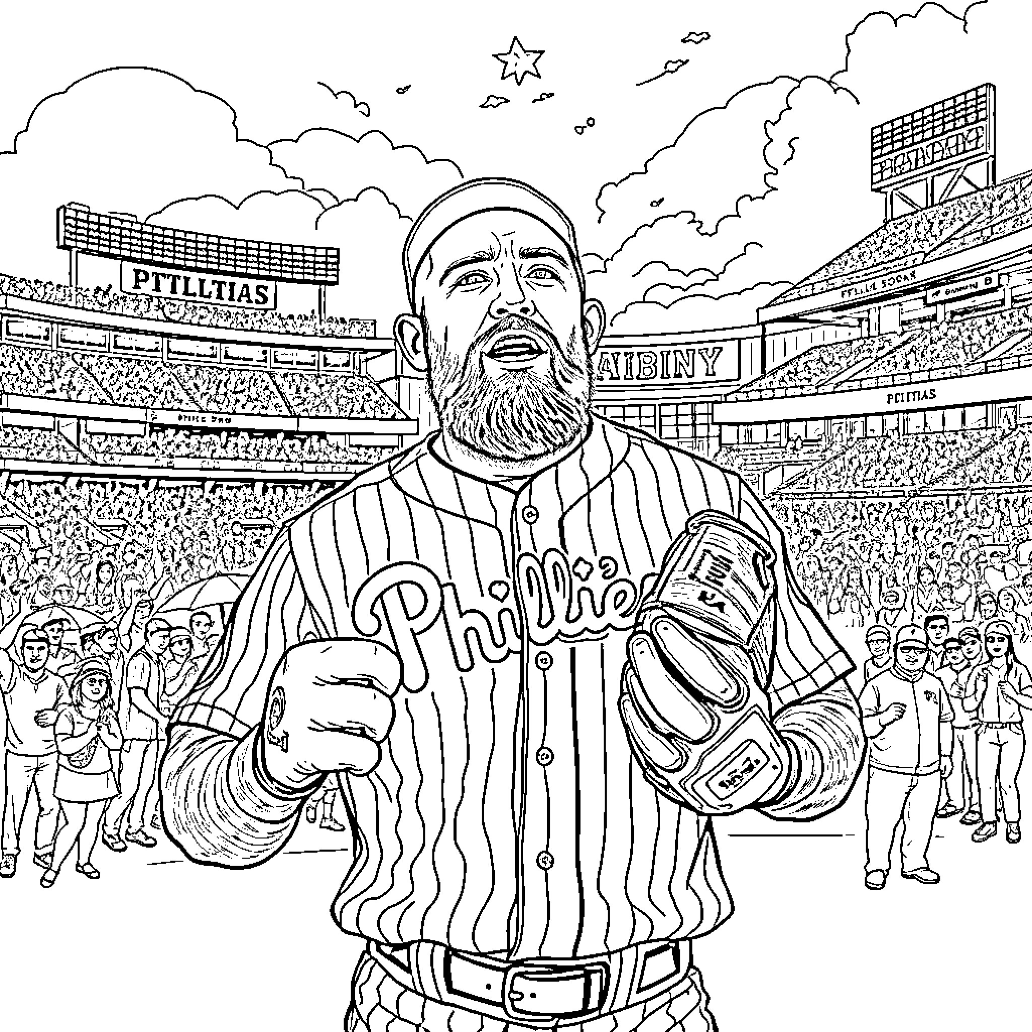 Conor McGregor Celebrates Victory at Baseball Stadium Coloring Page (free black-and-white line drawing printable PDF for all, from beginners to advanced learners, including children, teens, adults, and seniors)