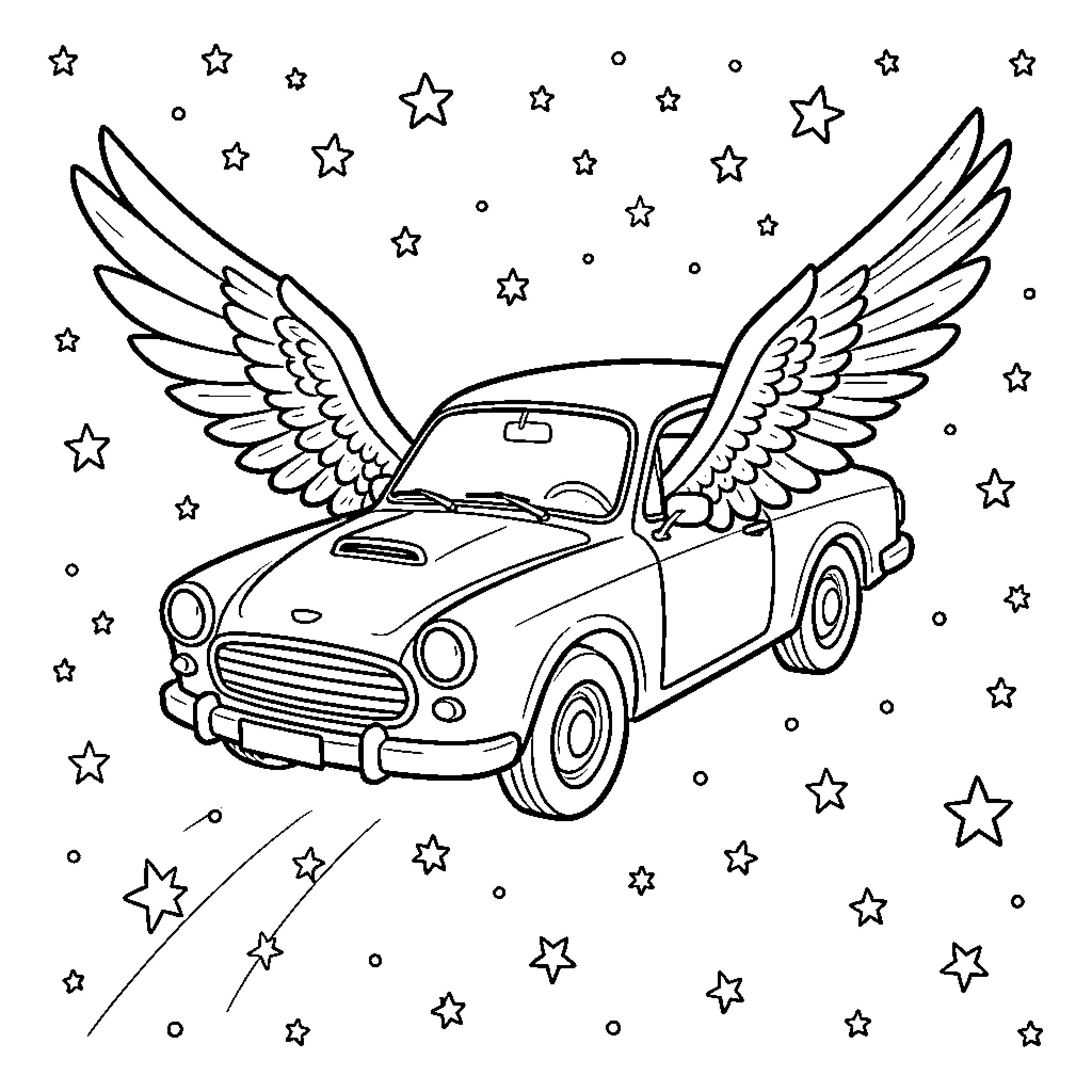 Car flying through a starry night sky Coloring Page (free black-and-white line drawing printable PDF for all, from beginners to advanced learners, including children, teens, adults, and seniors)