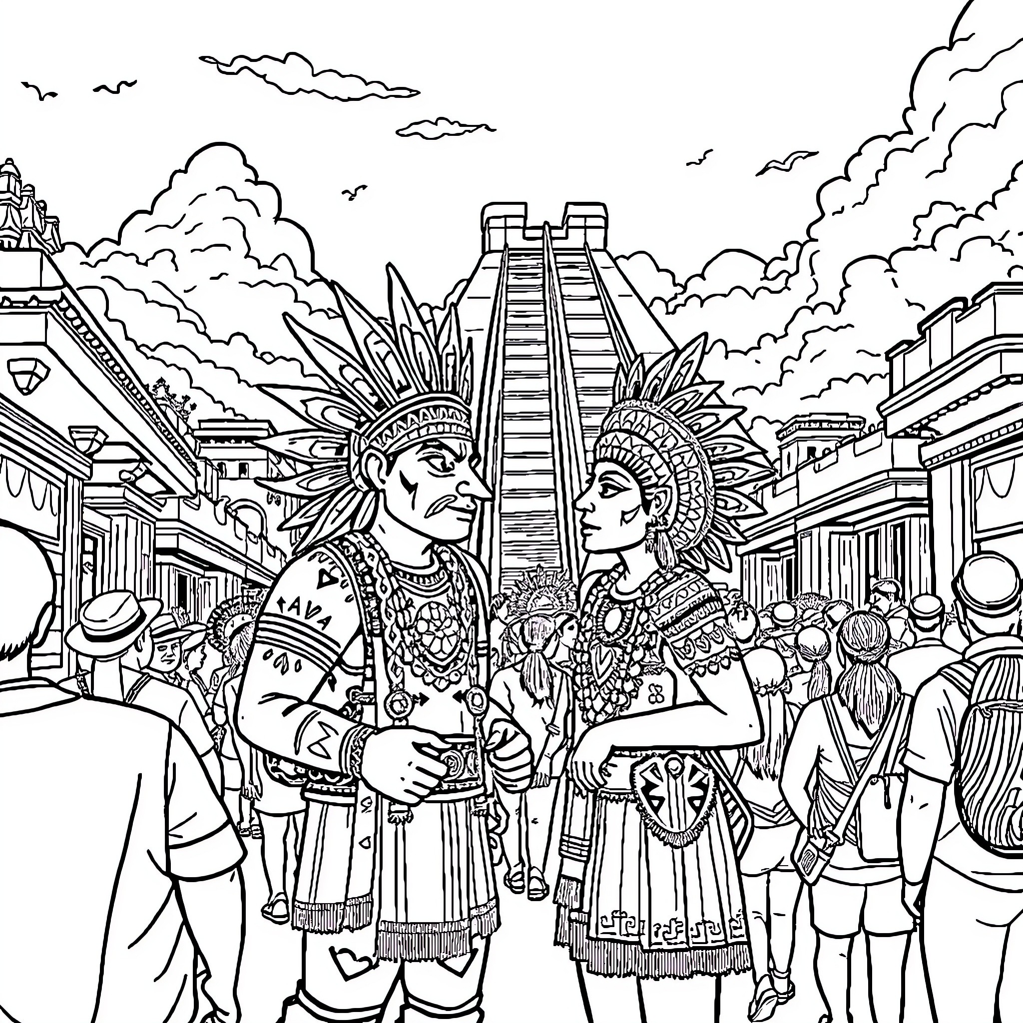 Quetzalcoatl's Ceremonial Procession in Mesoamerican City Coloring Page (free black-and-white line drawing printable PDF for all, from beginners to advanced learners, including children, teens, adults, and seniors)