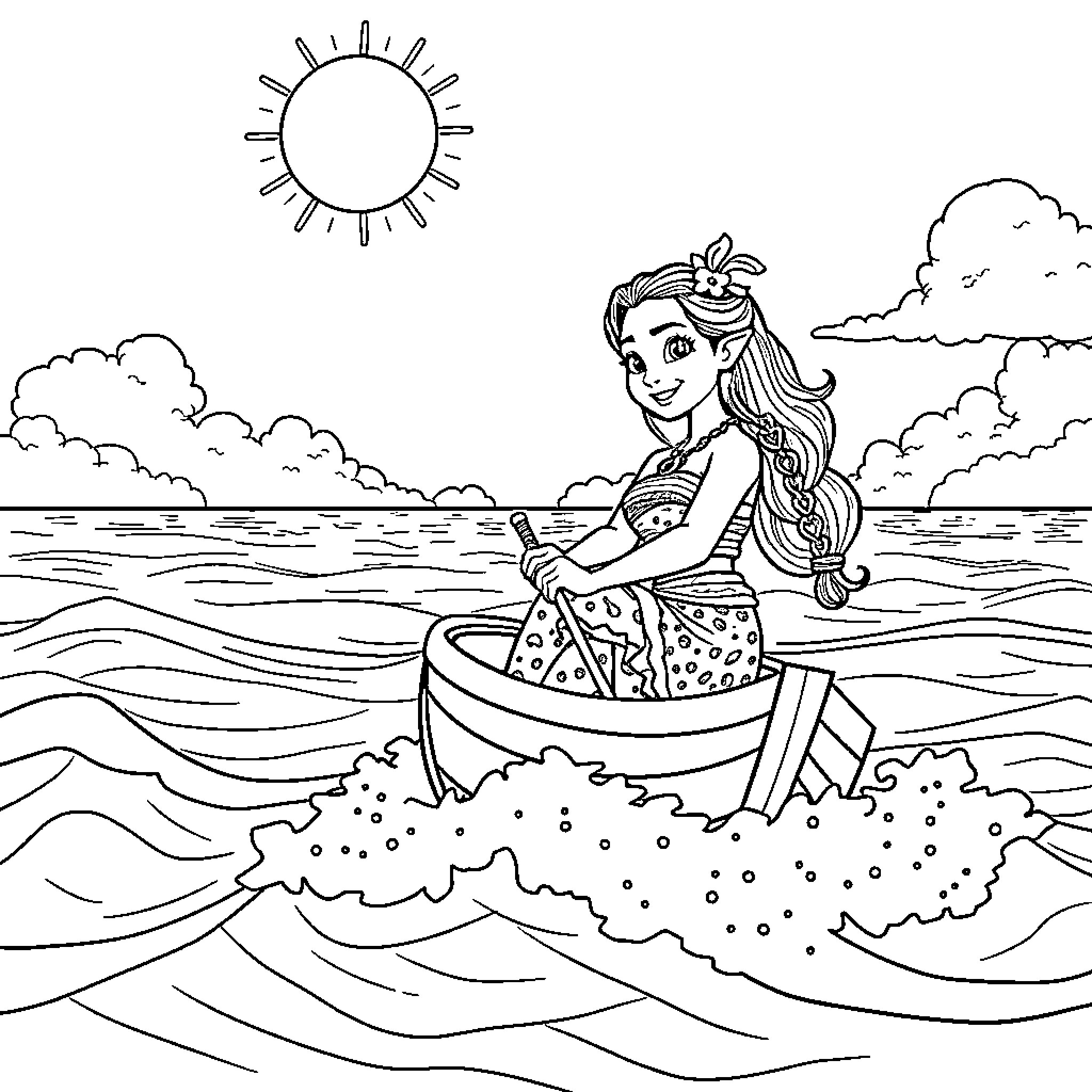 Moana sailing on the ocean waves Coloring Page (free black-and-white line drawing printable PDF for all, from beginners to advanced learners, including children, teens, adults, and seniors)