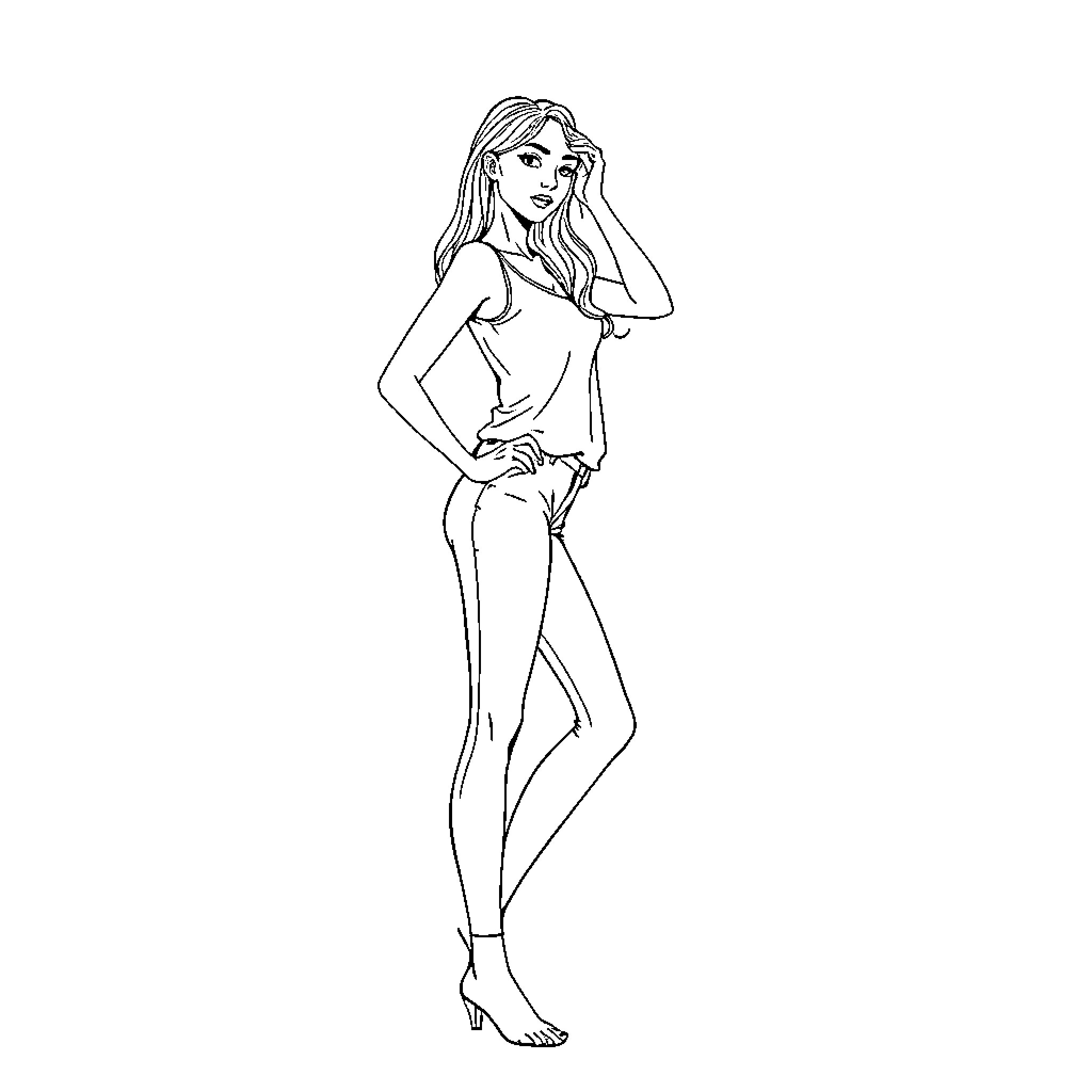 Girl posing confidently in casual outfit Coloring Page (free black-and-white line drawing printable PDF for all, from beginners to advanced learners, including children, teens, adults, and seniors)