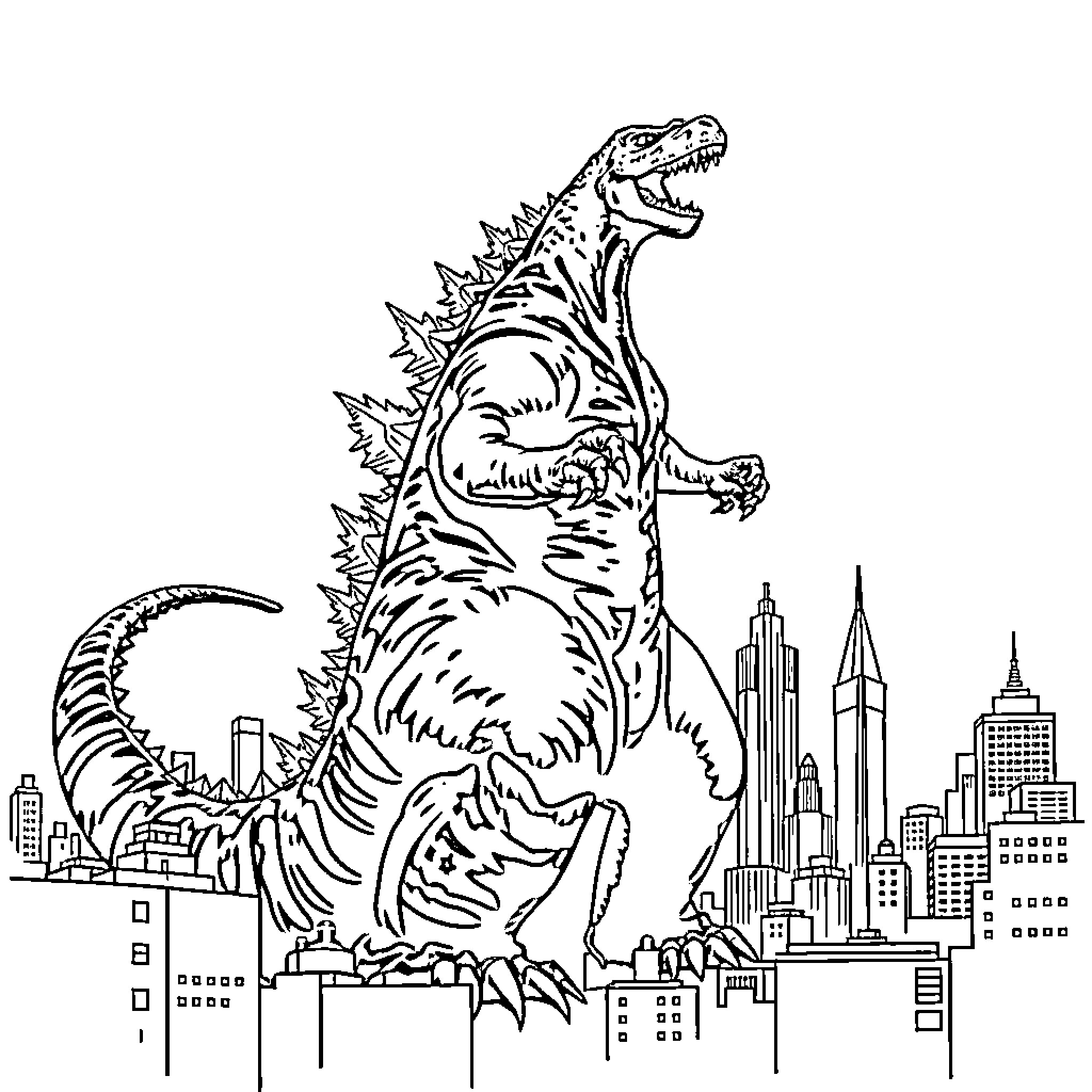 Godzilla attacking the city skyline Coloring Page (free black-and-white line drawing printable PDF for all, from beginners to advanced learners, including children, teens, adults, and seniors)