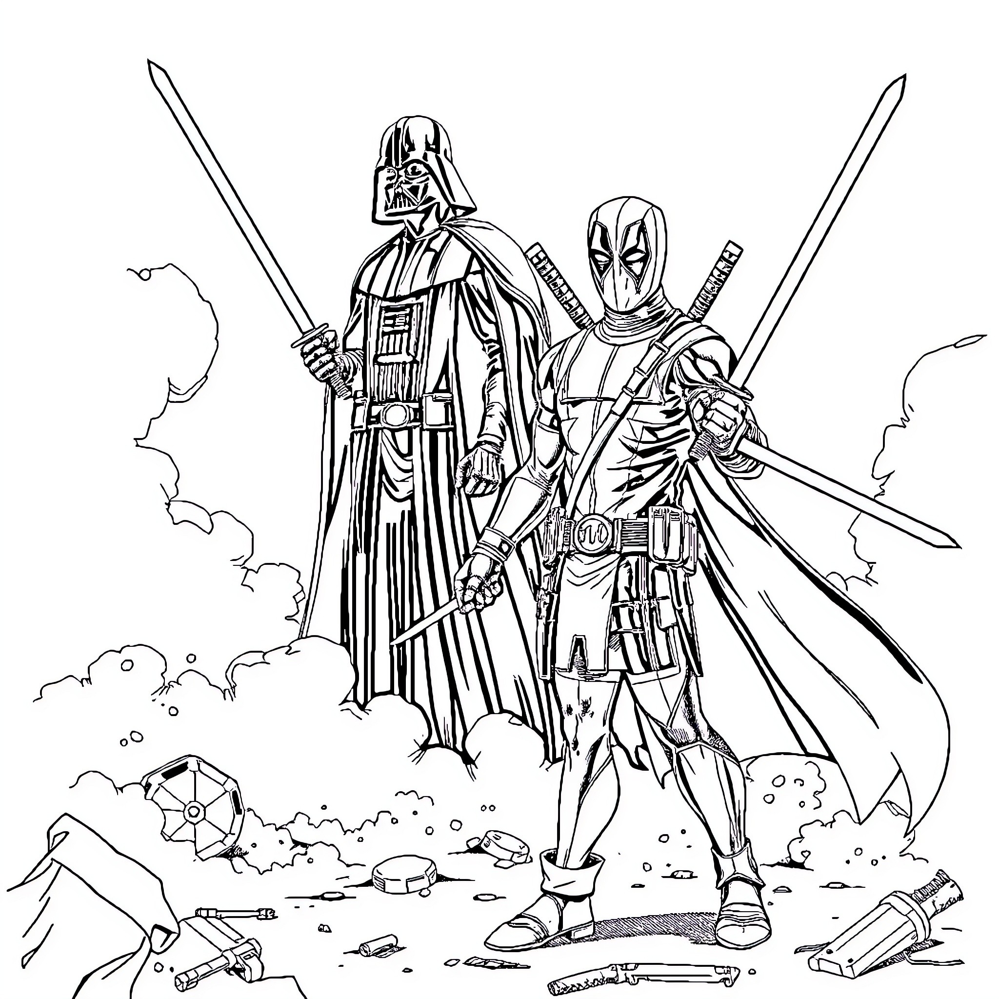 Deadpool and Darth Vader in combat on the battlefield Coloring Page (free black-and-white line drawing printable PDF for all, from beginners to advanced learners, including children, teens, adults, and seniors)