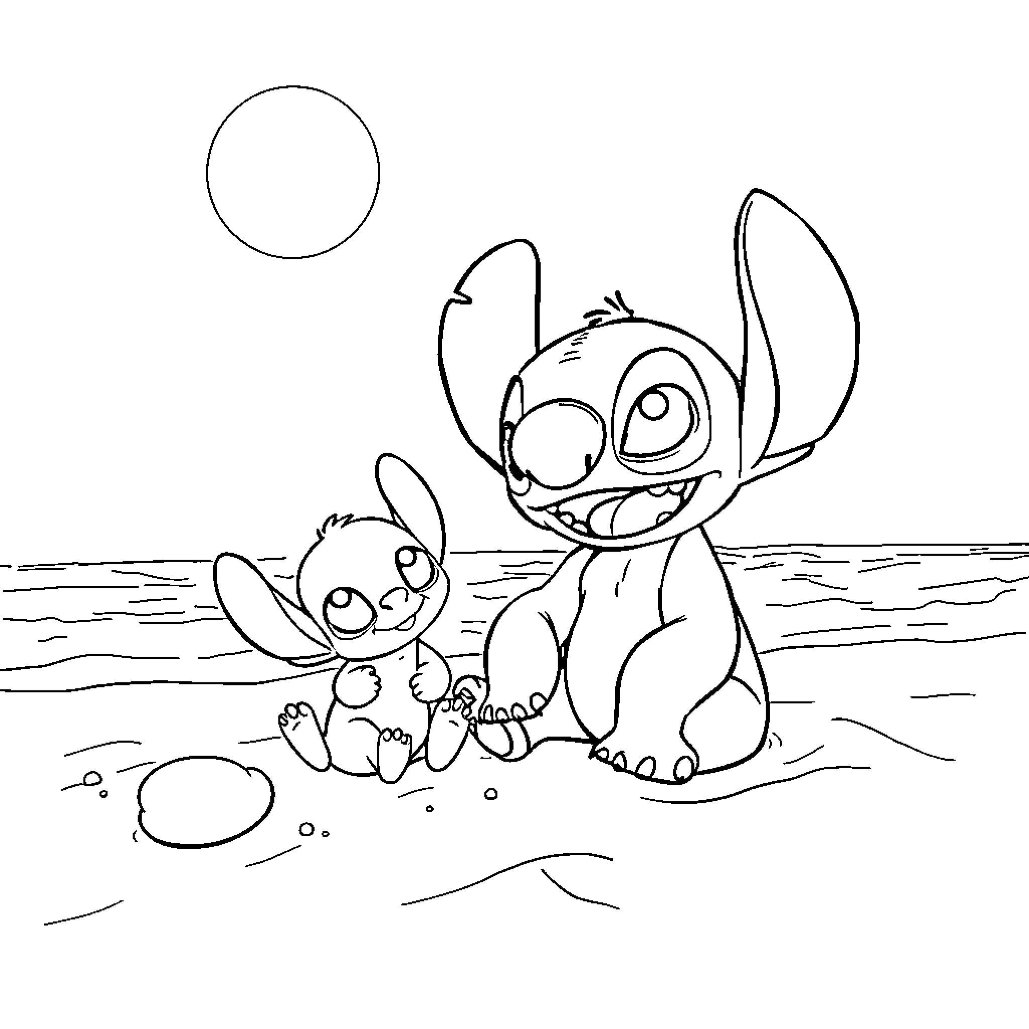 Stitch and Baby Stitch playing on the beach Coloring Page (free black-and-white line drawing printable PDF for all, from beginners to advanced learners, including children, teens, adults, and seniors)