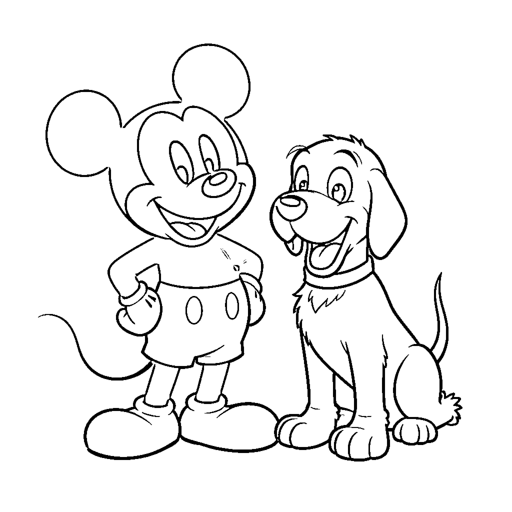 Mickey Mouse and his puppy friend Coloring Page (free black-and-white line drawing printable PDF for all, from beginners to advanced learners, including children, teens, adults, and seniors)