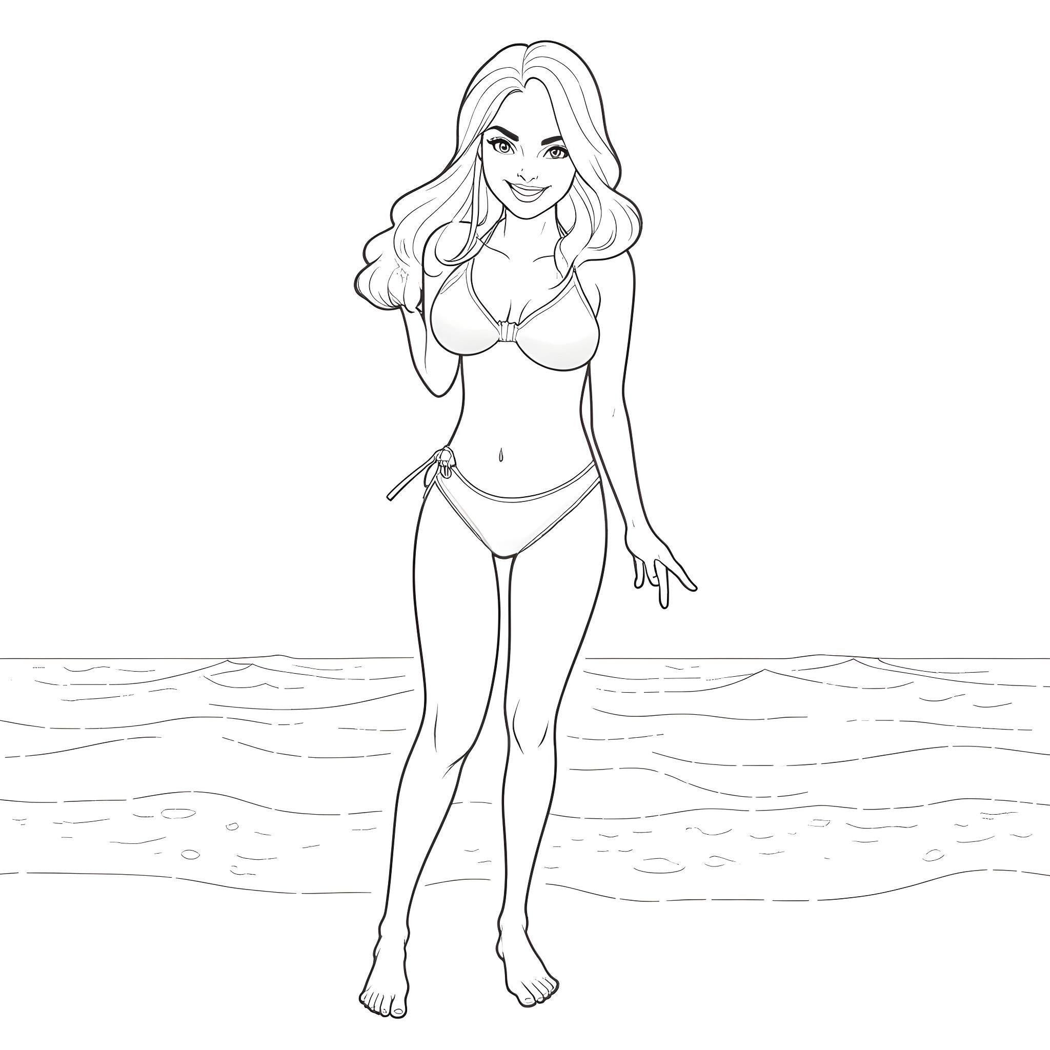 Powergirl posing confidently on the beach Coloring Page (free black-and-white line drawing printable PDF for all, from beginners to advanced learners, including children, teens, adults, and seniors)