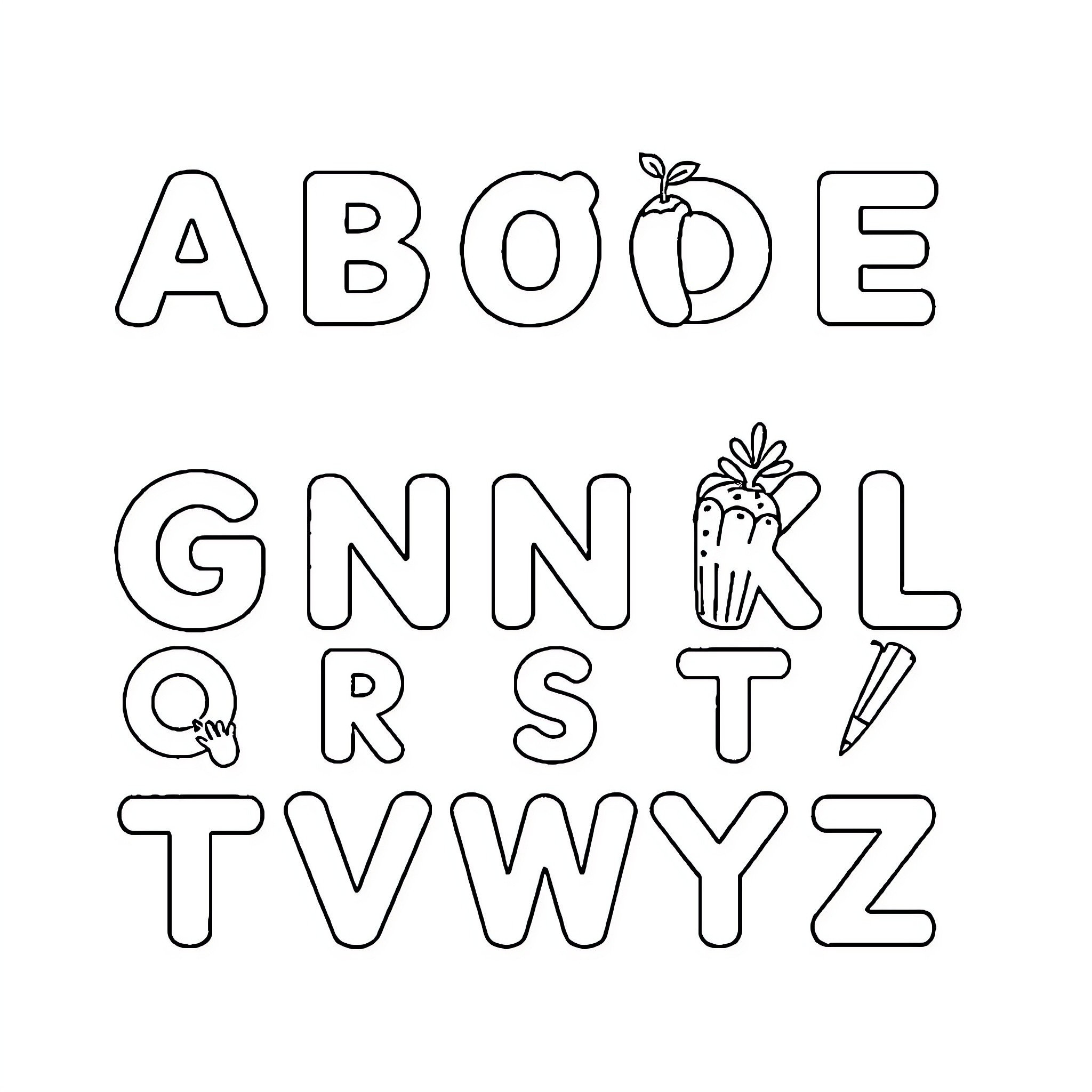 Alphabet with Doodle Decorations Coloring Page (free black-and-white line drawing printable PDF for all, from beginners to advanced learners, including children, teens, adults, and seniors)