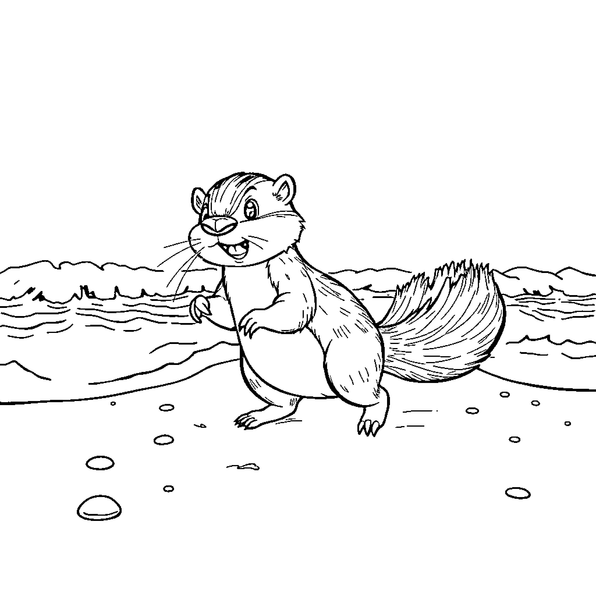 Squirrel exploring the beach Coloring Page (free black-and-white line drawing printable PDF for all, from beginners to advanced learners, including children, teens, adults, and seniors)