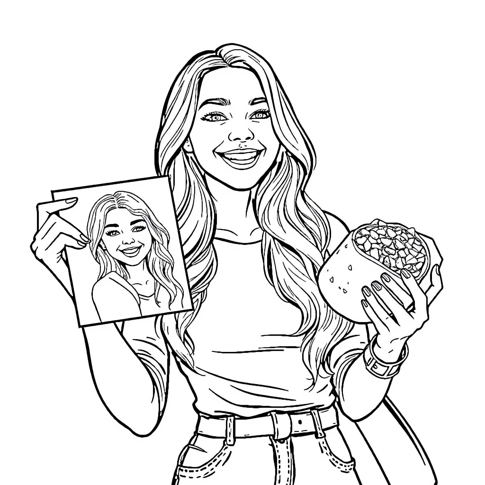 Sabrina Carpenter posing with a photo and snack Coloring Page (free black-and-white line drawing printable PDF for all, from beginners to advanced learners, including children, teens, adults, and seniors)