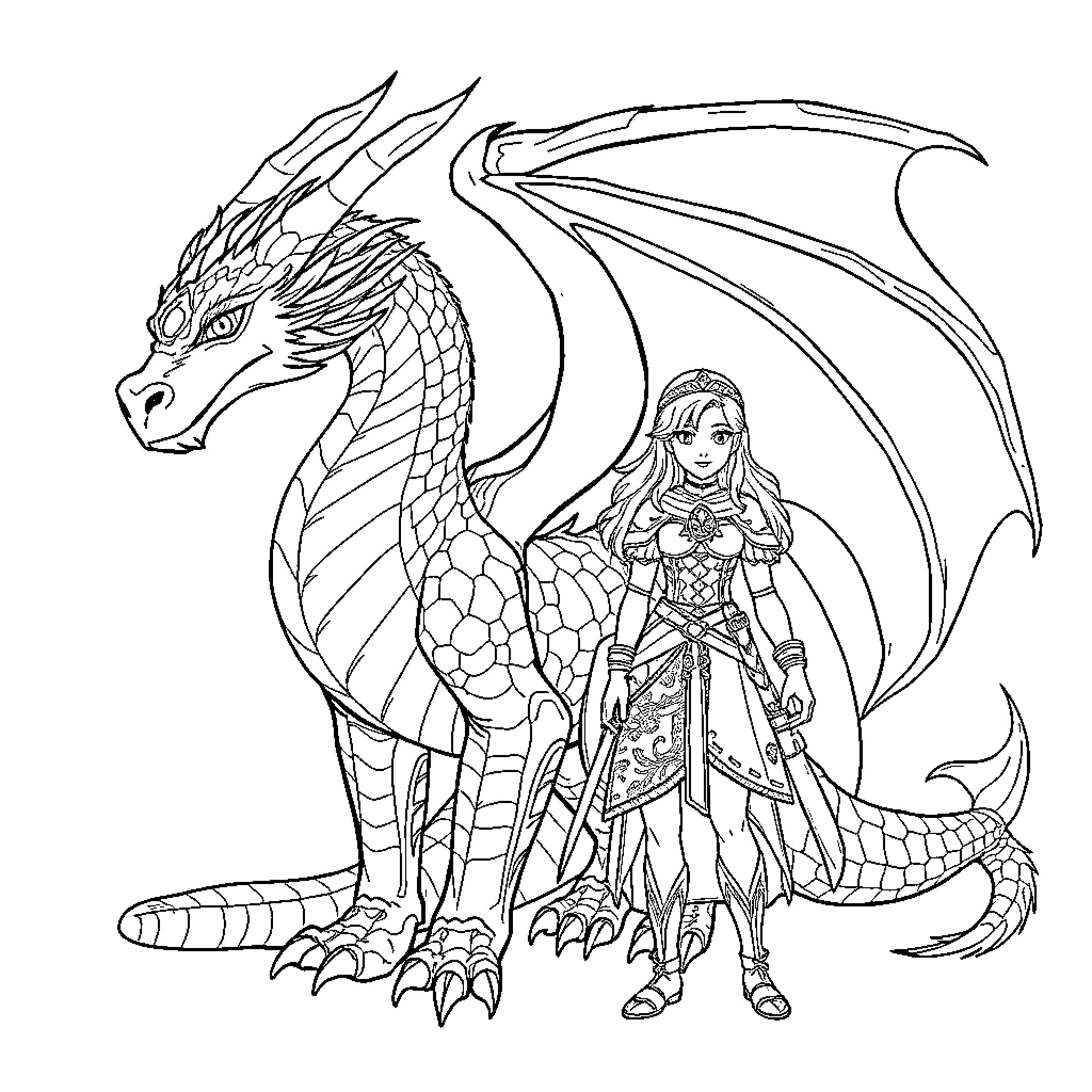 Tairn's Magnificent Dragon Companion Coloring Page (free black-and-white line drawing printable PDF for all, from beginners to advanced learners, including children, teens, adults, and seniors)