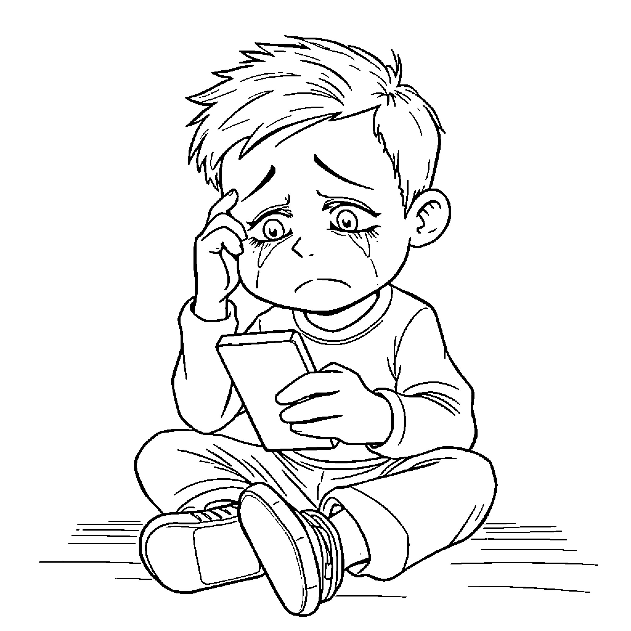 Kid upset with mobile device Coloring Page (free black-and-white line drawing printable PDF for all, from beginners to advanced learners, including children, teens, adults, and seniors)