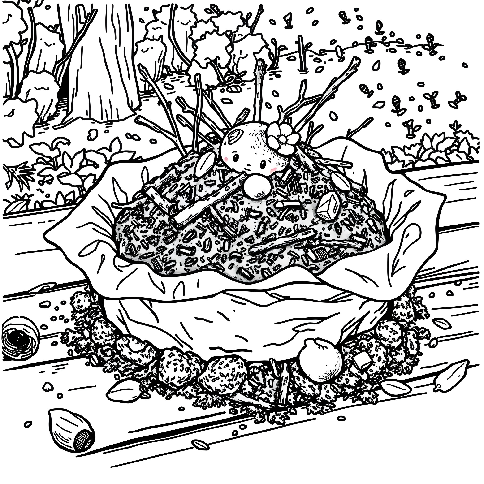Mud Pie with Delightful Toppings and Decorations Coloring Page (free black-and-white line drawing printable PDF for all, from beginners to advanced learners, including children, teens, adults, and seniors)