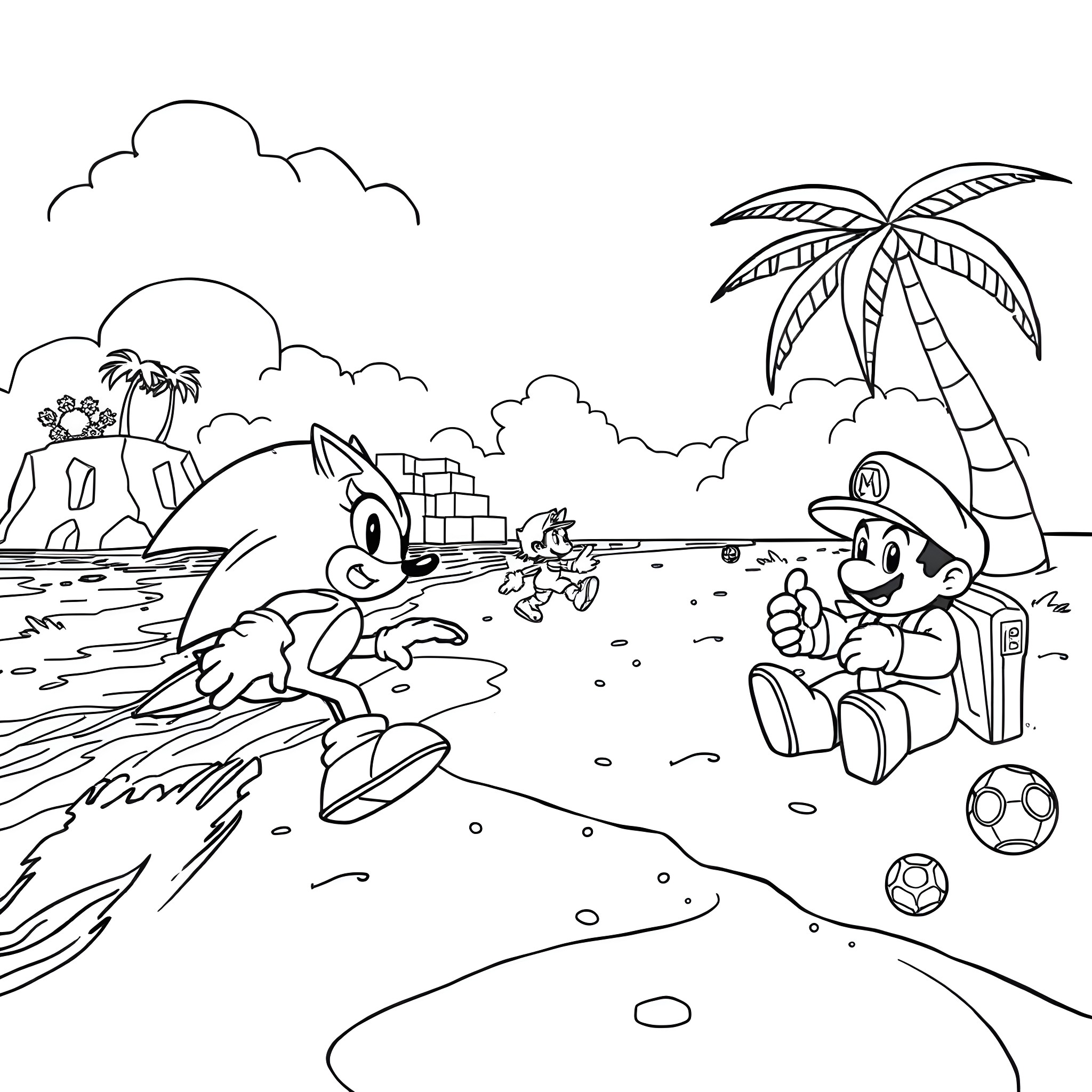Sonic's Beach Adventure with Friends Coloring Page (free black-and-white line drawing printable PDF for all, from beginners to advanced learners, including children, teens, adults, and seniors)