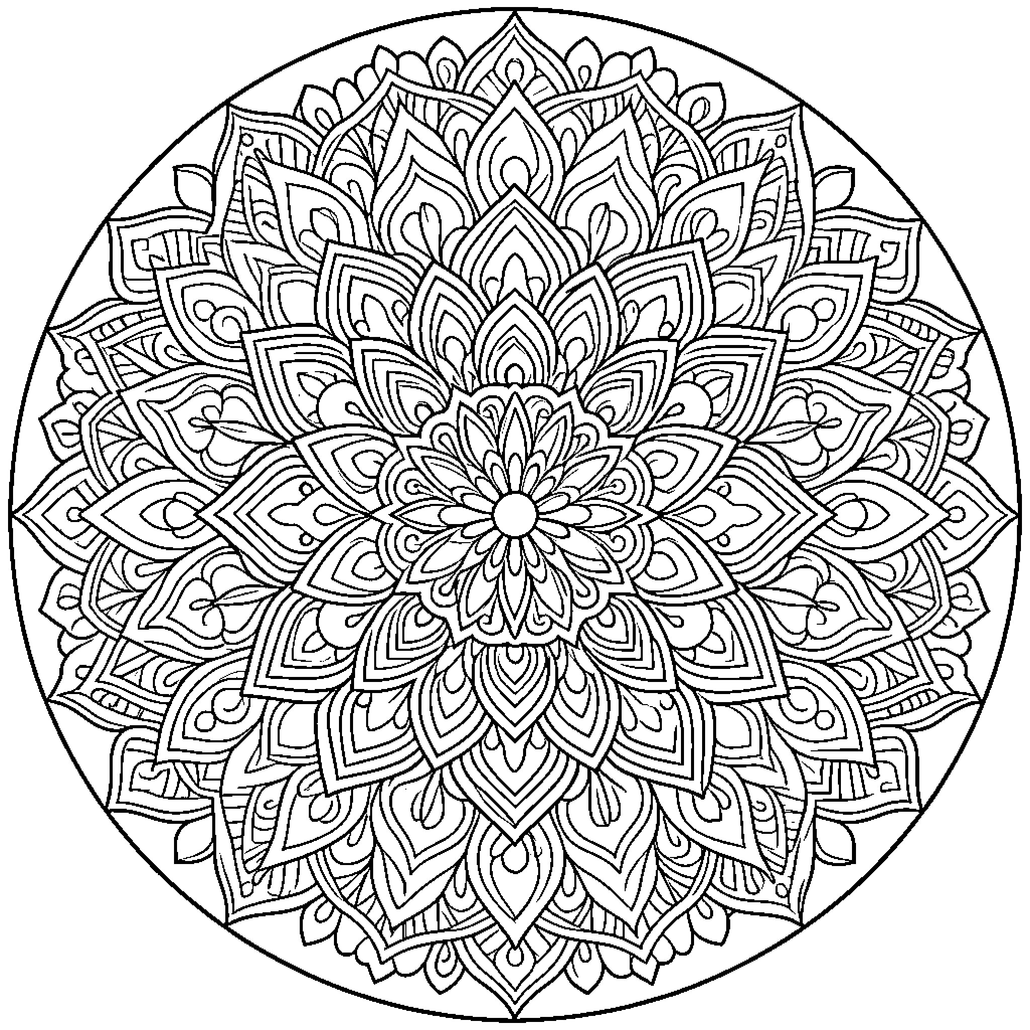 Mandala of intricate floral patterns and shapes Coloring Page (free black-and-white line drawing printable PDF for all, from beginners to advanced learners, including children, teens, adults, and seniors)