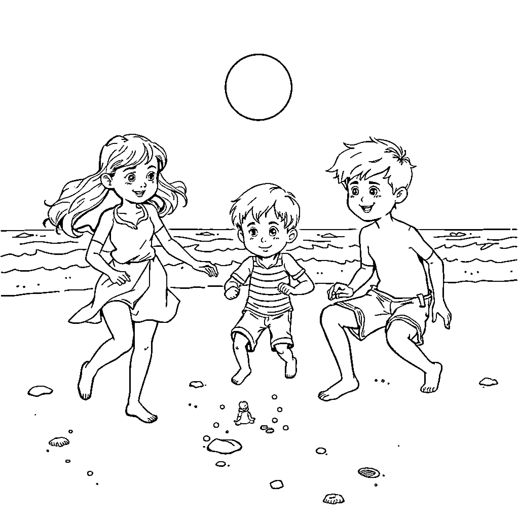 Wendy and friends enjoying the beach Coloring Page (free black-and-white line drawing printable PDF for all, from beginners to advanced learners, including children, teens, adults, and seniors)